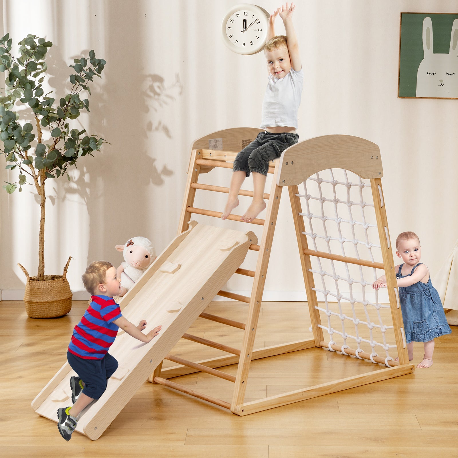 6-in-1 Wooden Indoor Jungle Gym  with Double-Sided Ramp & Monkey Bars-Natural