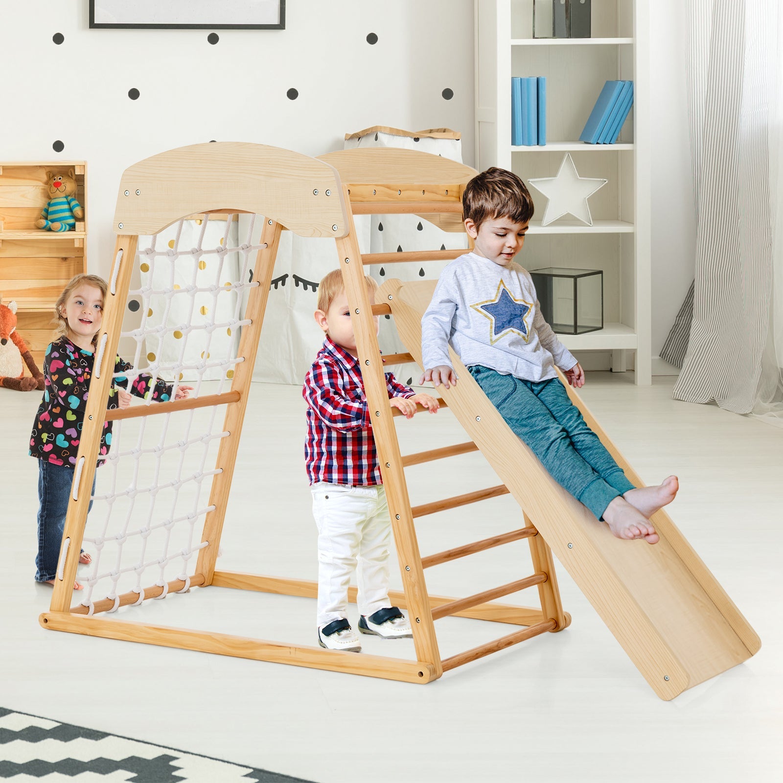 6-in-1 Wooden Indoor Jungle Gym  with Double-Sided Ramp & Monkey Bars-Natural