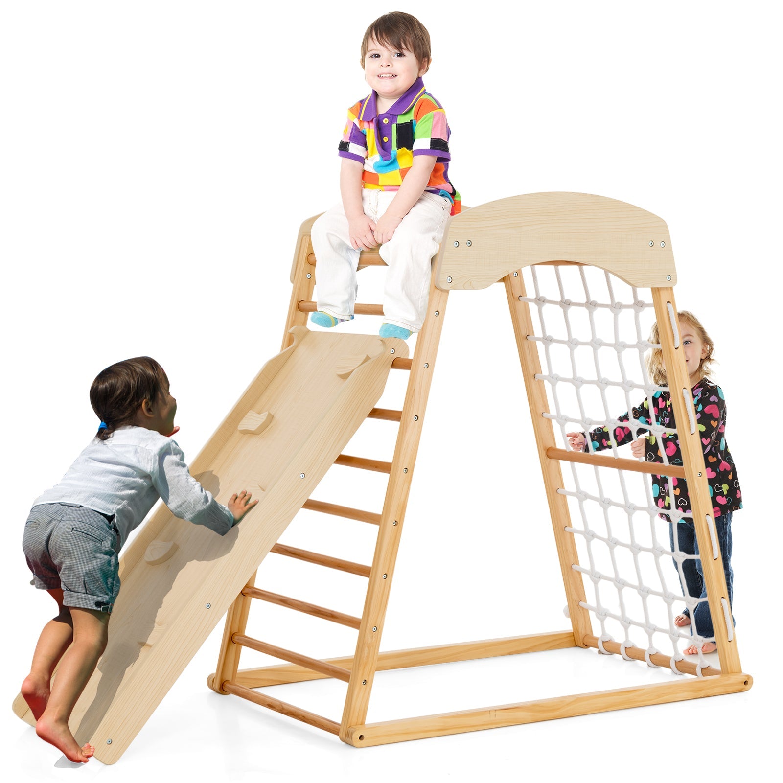 6-in-1 Wooden Indoor Jungle Gym  with Double-Sided Ramp & Monkey Bars-Natural