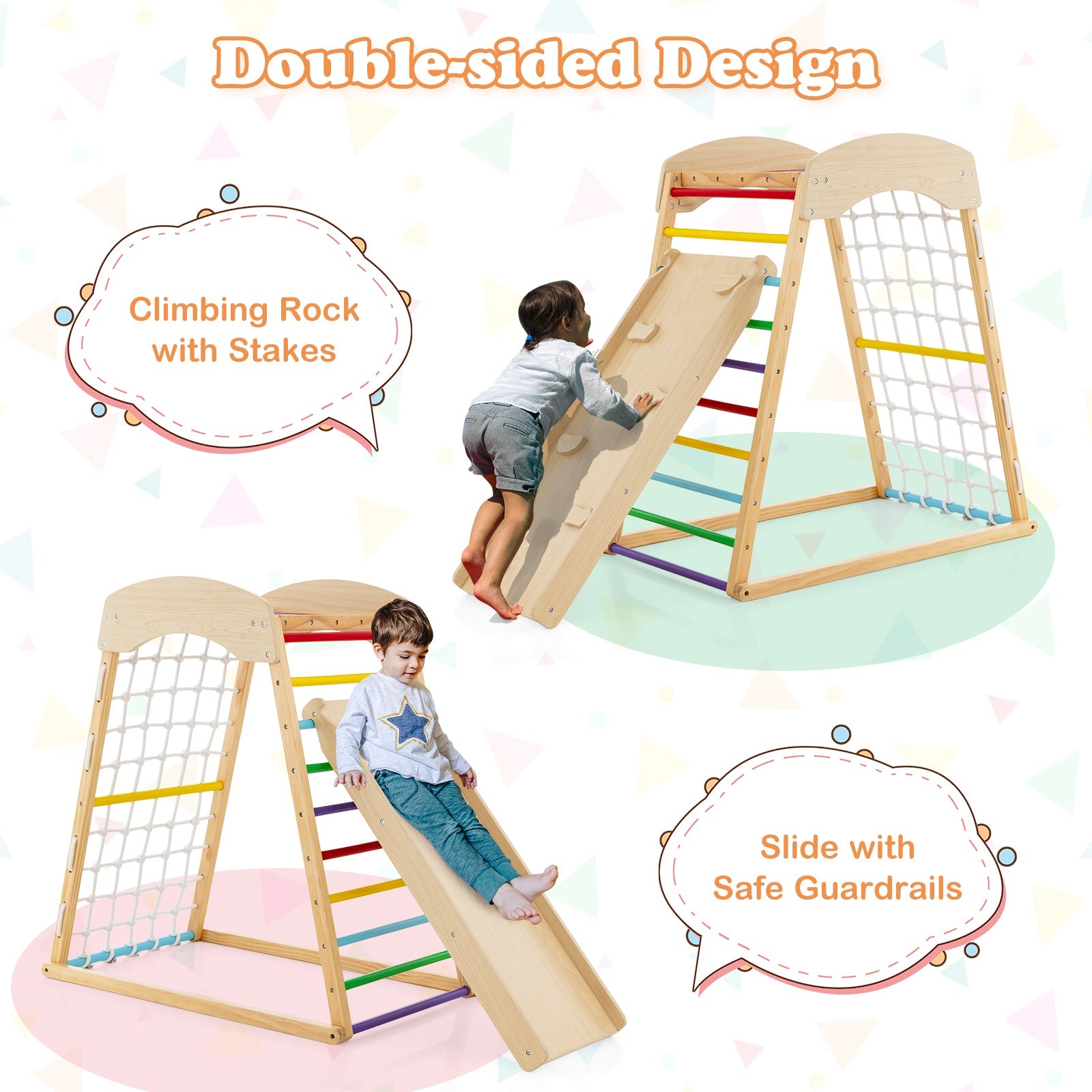 6-in-1 Wooden Indoor Jungle Gym with Double-Sided Ramp & Monkey Bars-Multicolor