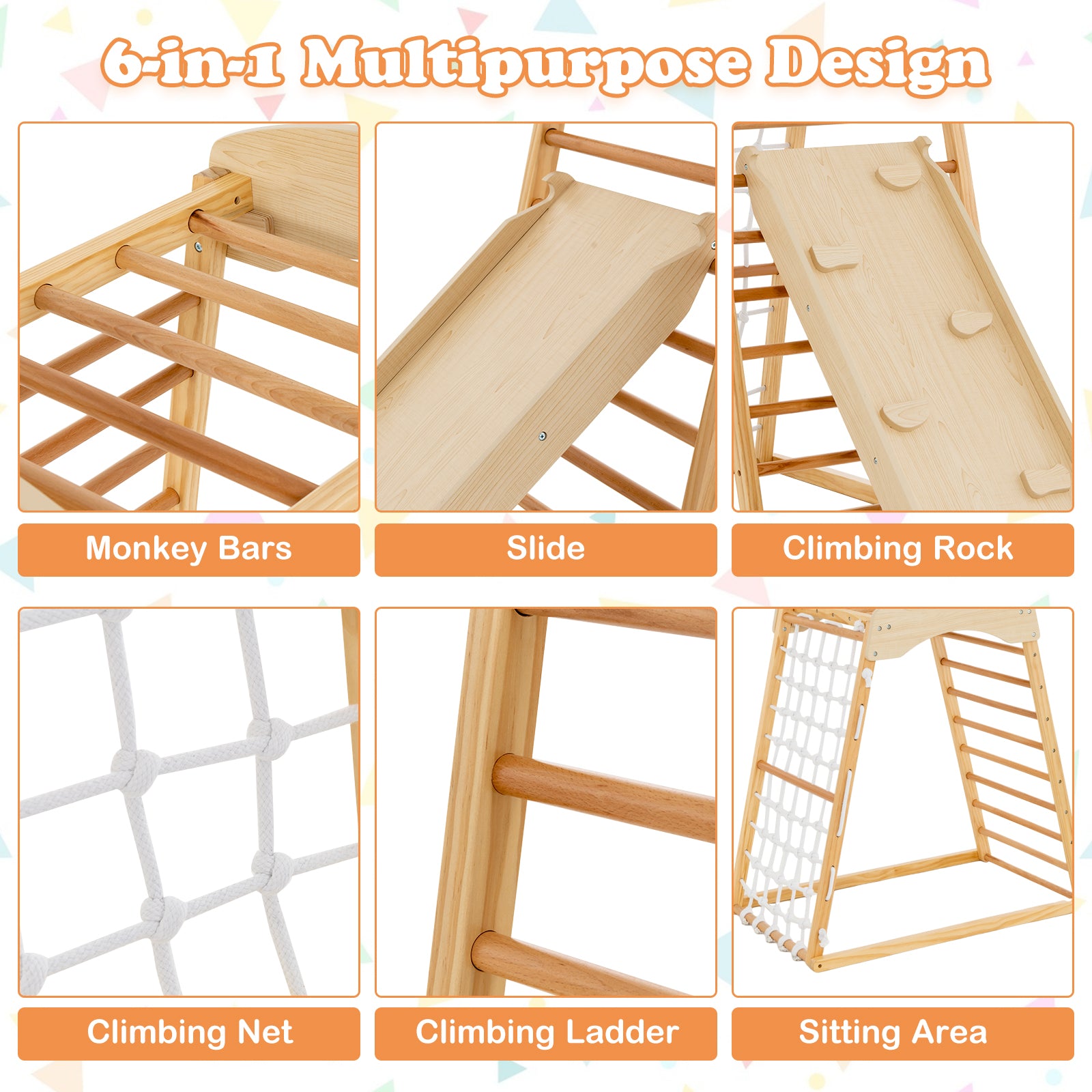 6-in-1 Wooden Indoor Jungle Gym  with Double-Sided Ramp & Monkey Bars-Natural