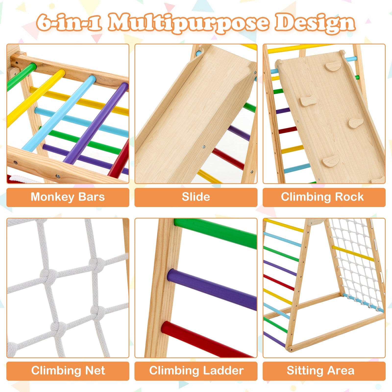 6-in-1 Wooden Indoor Jungle Gym with Double-Sided Ramp & Monkey Bars-Multicolor