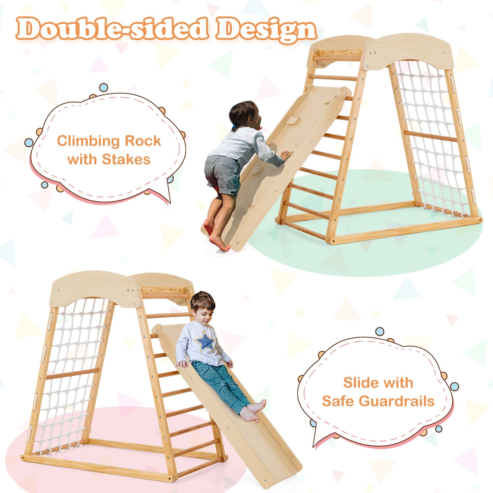 6-in-1 Wooden Indoor Jungle Gym  with Double-Sided Ramp & Monkey Bars-Natural