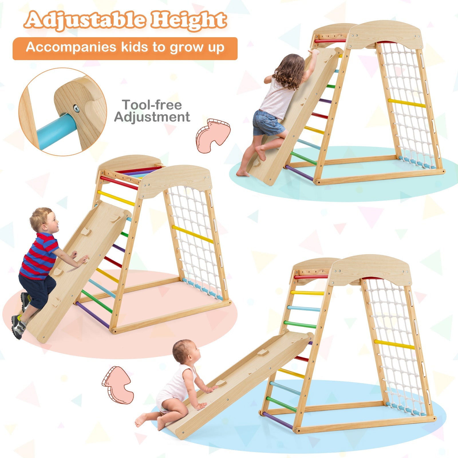 6-in-1 Wooden Indoor Jungle Gym with Double-Sided Ramp & Monkey Bars-Multicolor