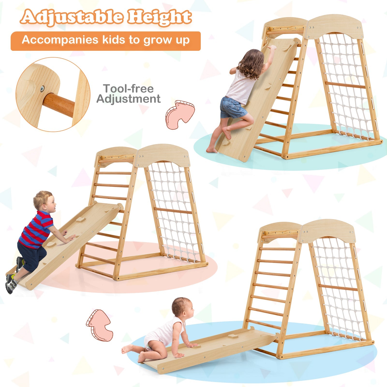 6-in-1 Wooden Indoor Jungle Gym  with Double-Sided Ramp & Monkey Bars-Natural