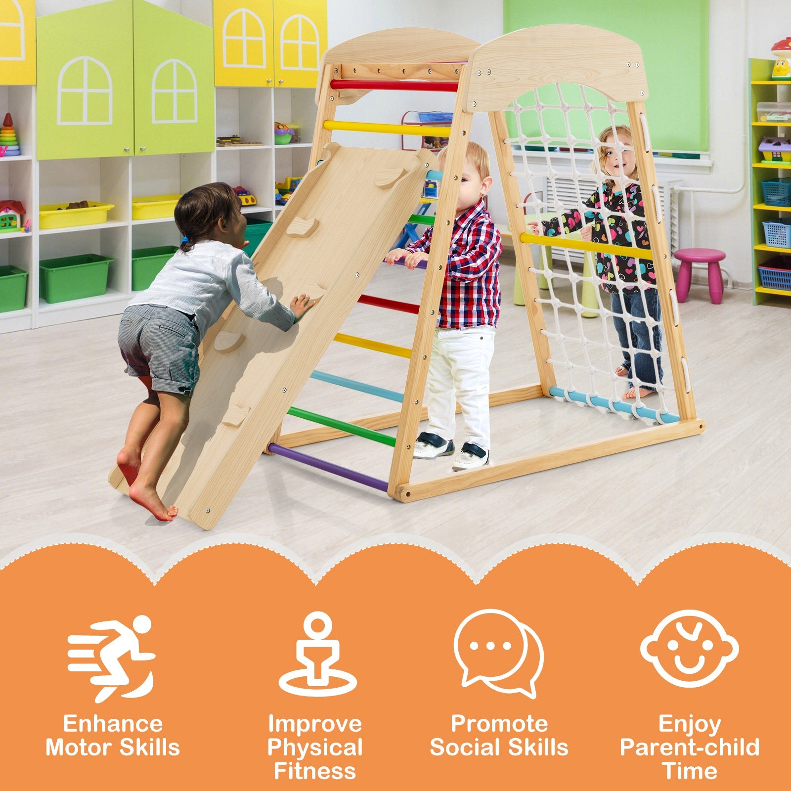 6-in-1 Wooden Indoor Jungle Gym with Double-Sided Ramp & Monkey Bars-Multicolor