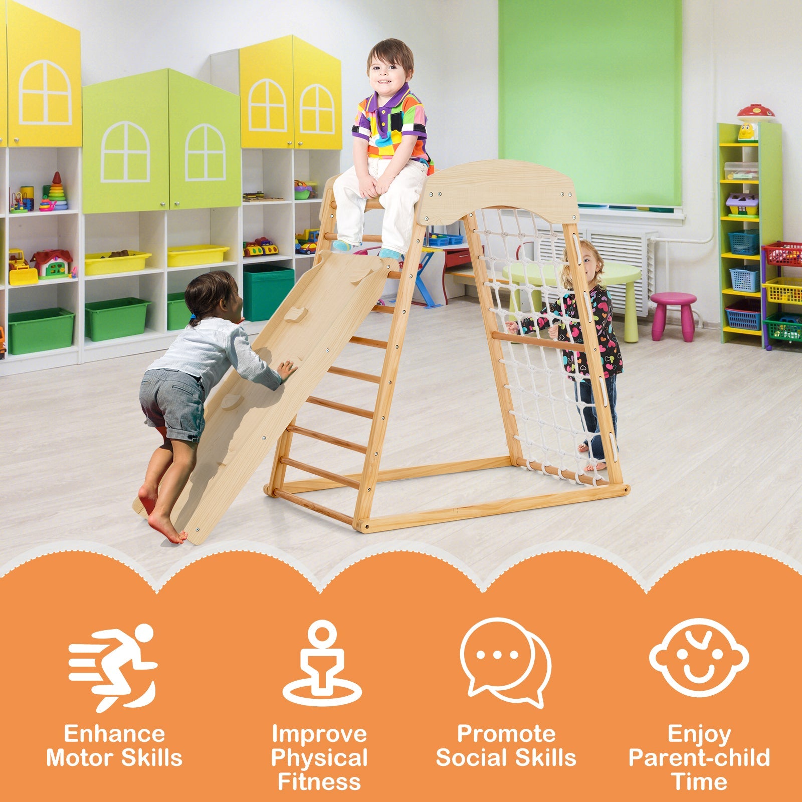 6-in-1 Wooden Indoor Jungle Gym  with Double-Sided Ramp & Monkey Bars-Natural