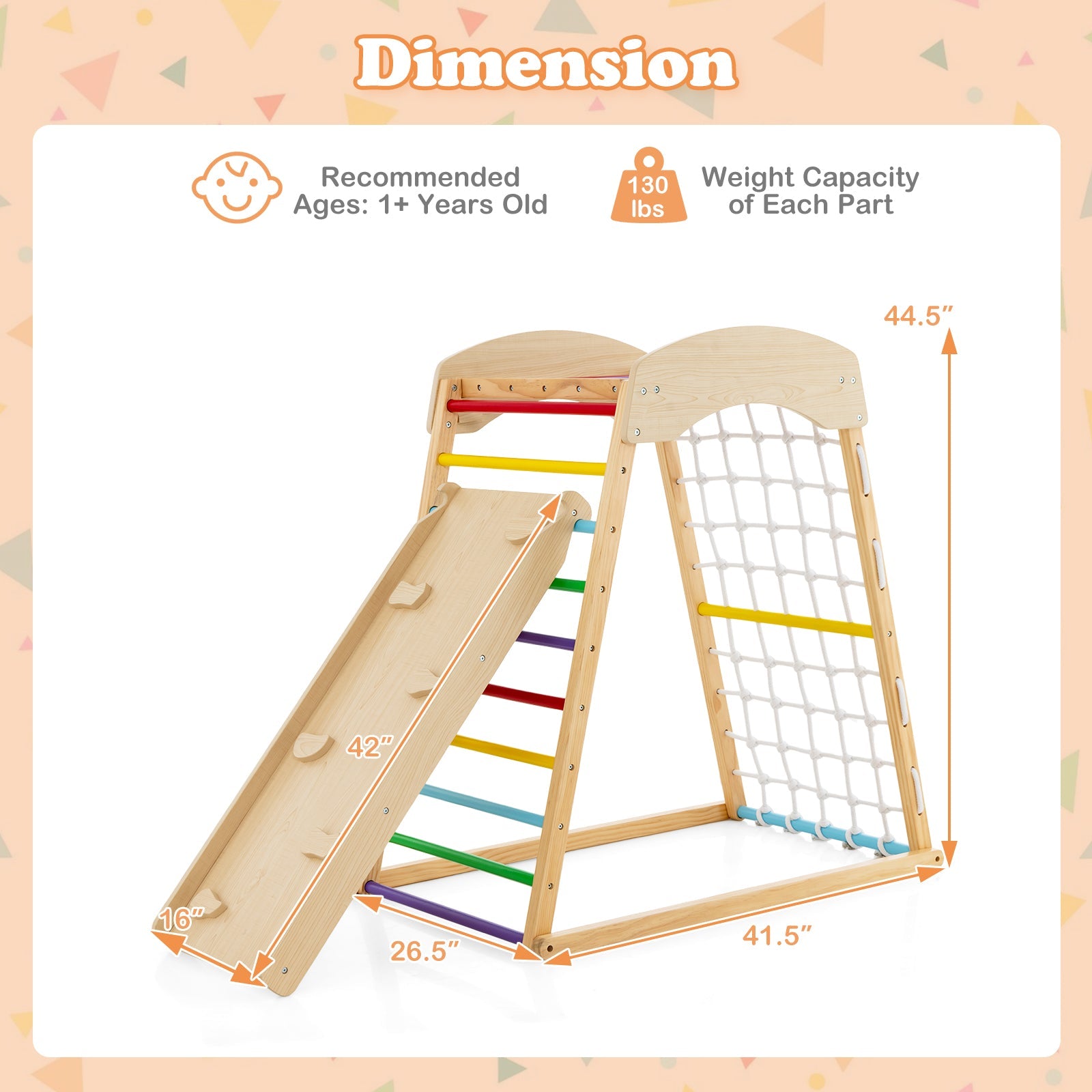 6-in-1 Wooden Indoor Jungle Gym with Double-Sided Ramp & Monkey Bars-Multicolor