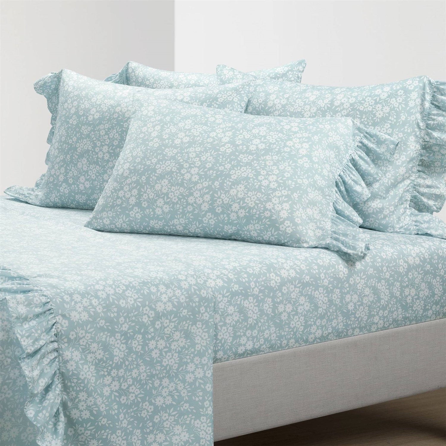 King Size, Polyester, Blue Ruffle Floral 6 Piece Sheet Set