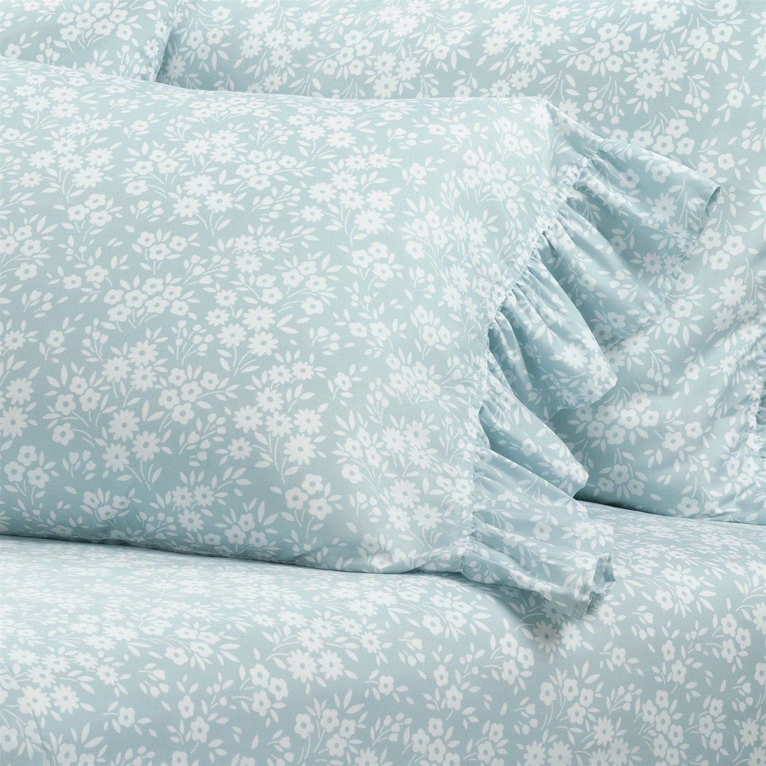 King Size, Polyester, Blue Ruffle Floral 6 Piece Sheet Set