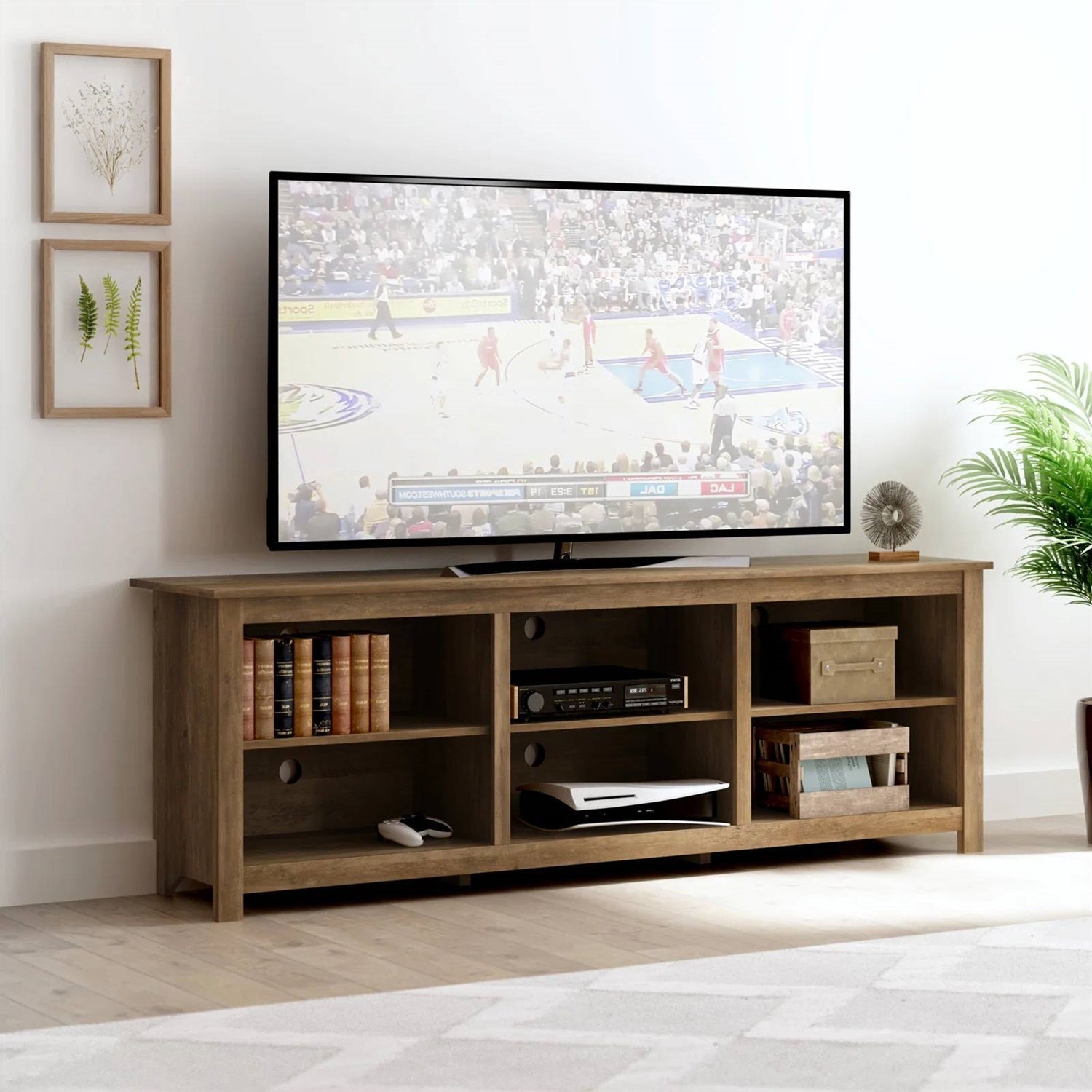 Farmhouse Style TV Stand in Brown Oak Wood Finish