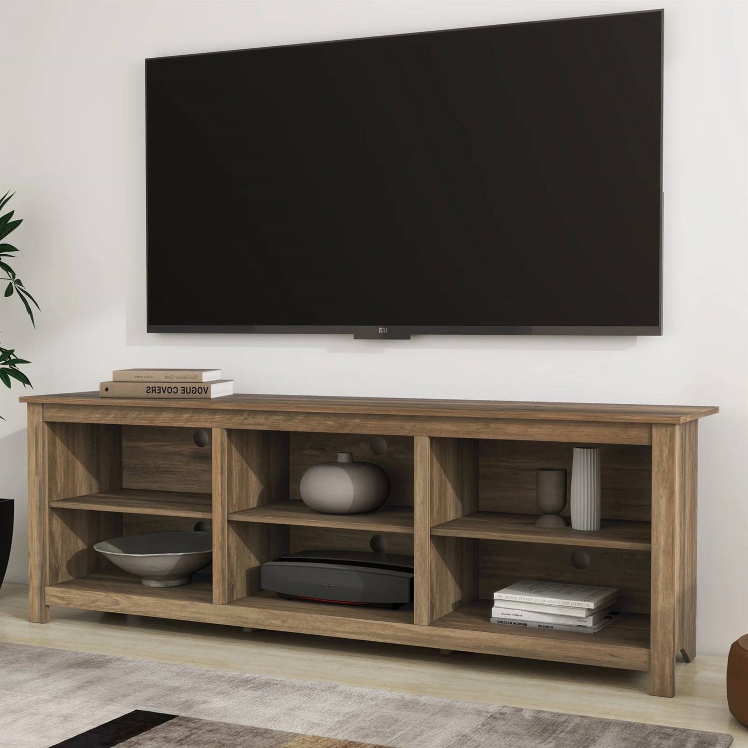 Farmhouse Style TV Stand in Brown Oak Wood Finish