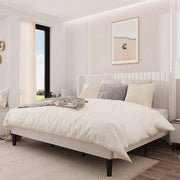 King Size White Velvet Upholstered Platform Bed Frame with Wingback Headboard