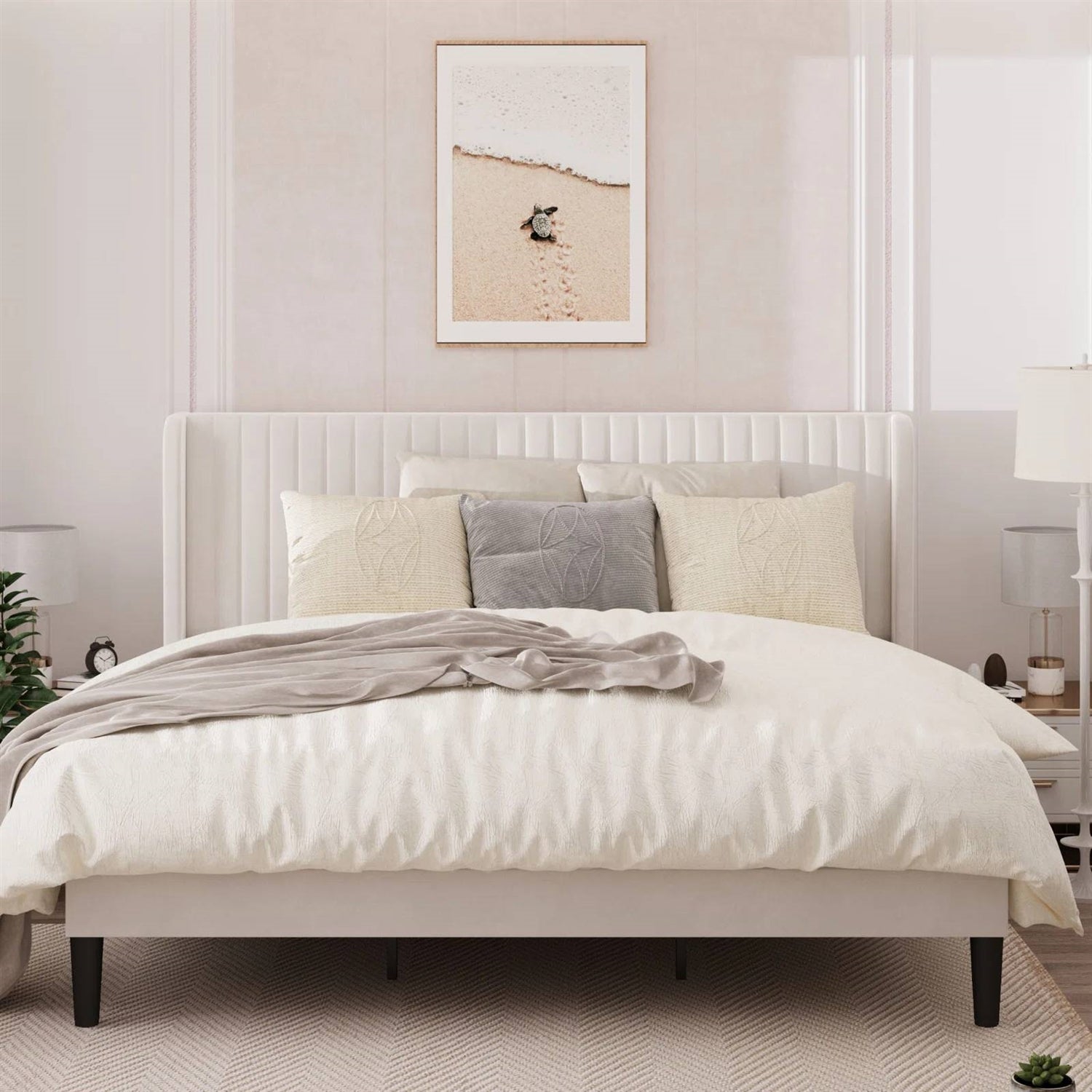 King Size White Velvet Upholstered Platform Bed Frame with Wingback Headboard
