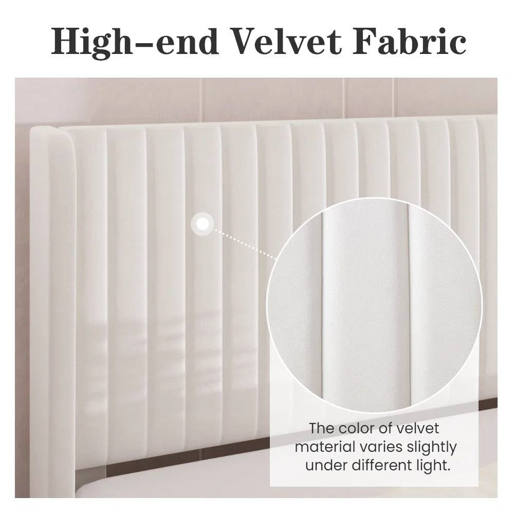 King Size White Velvet Upholstered Platform Bed Frame with Wingback Headboard