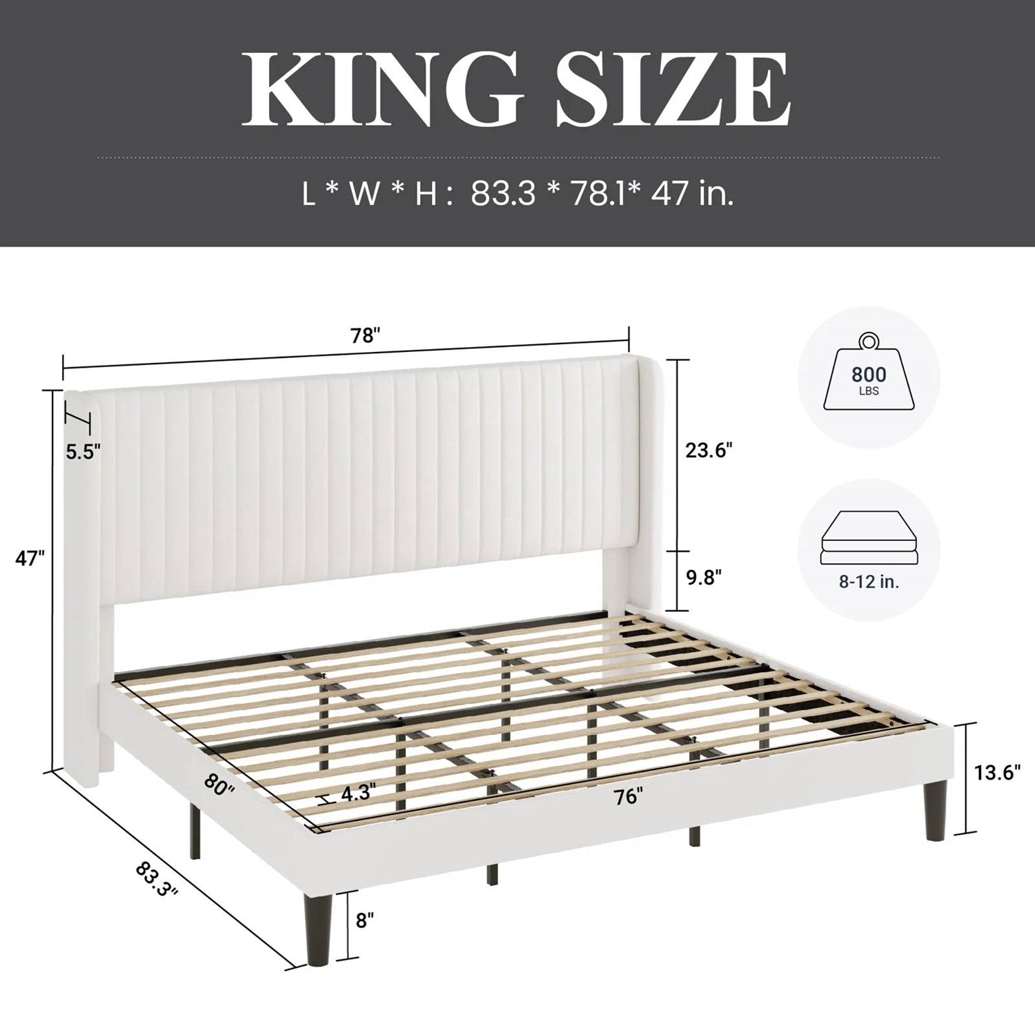 King Size White Velvet Upholstered Platform Bed Frame with Wingback Headboard
