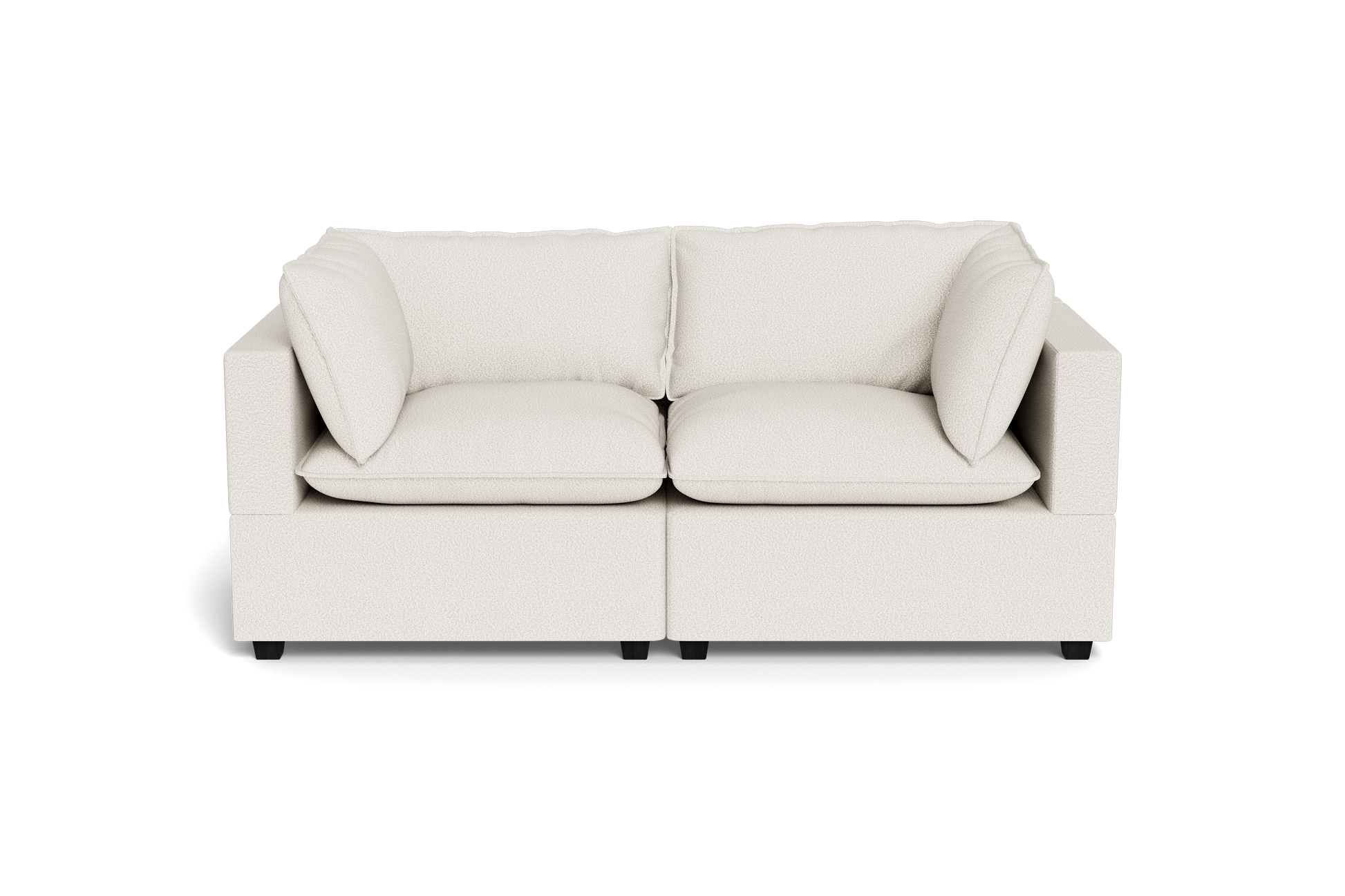 The Kova Pillow Cushion Sofa 86" is a modern, light beige two-seater with square armrests and plush cushions, shown from the front against a plain black background.