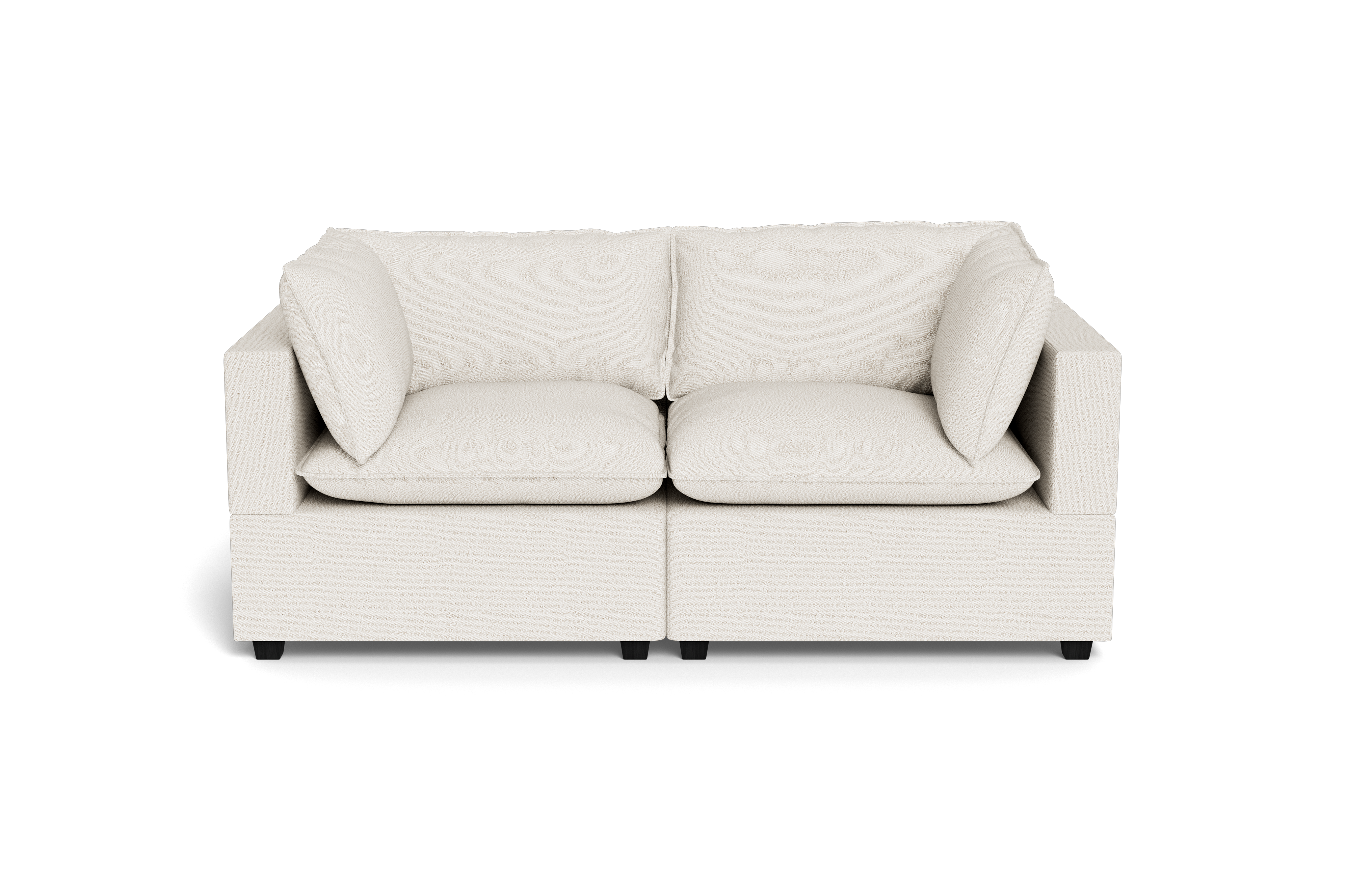 The Kova Pillow Cushion Sofa 86" is a modern, light beige two-seater with square armrests and plush cushions, shown from the front against a plain black background.