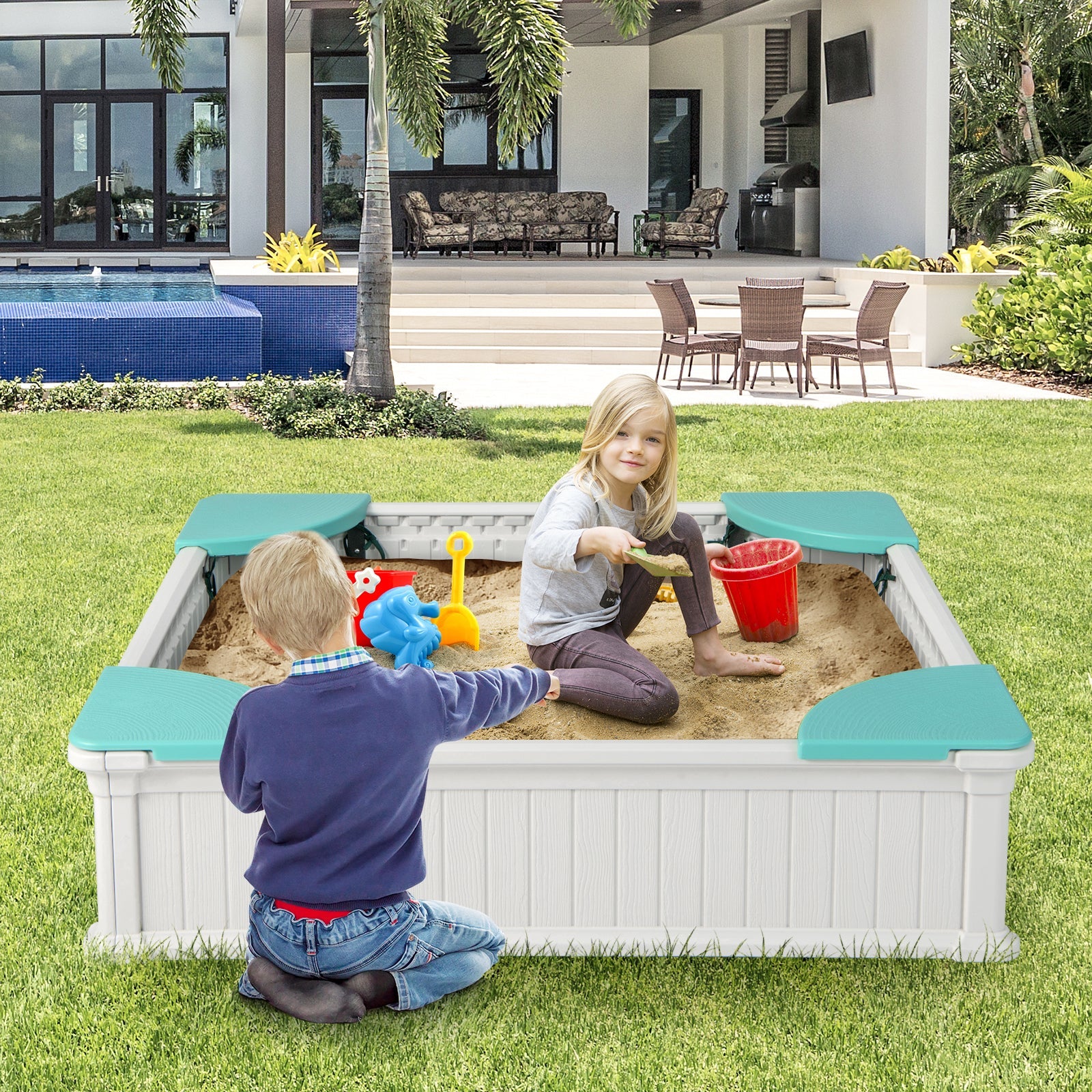 Linensnthings.com Kids Outdoor Sandbox with Oxford Cover and 4 Corner ...