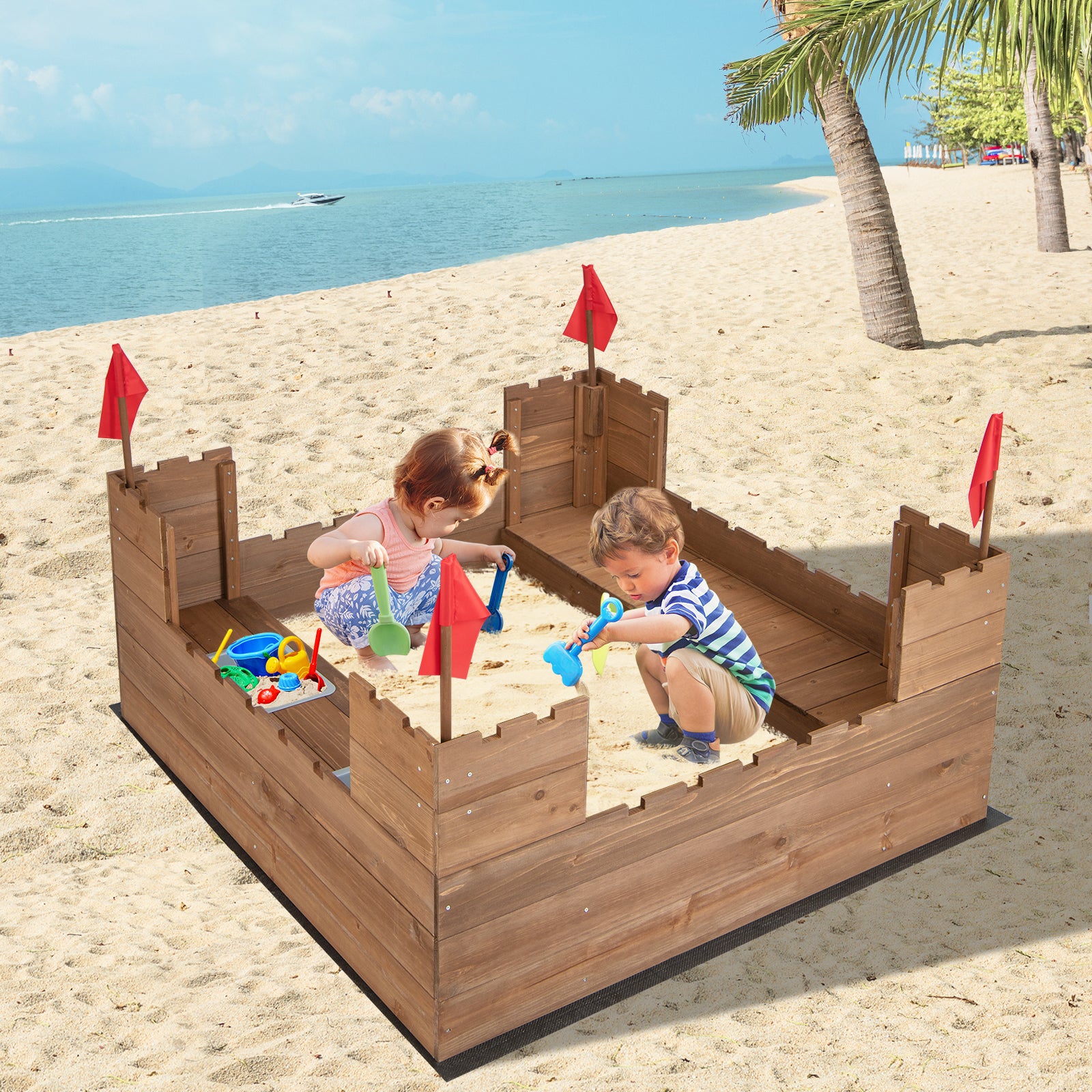 Linensnthings.com Kids Wooden Sandbox with Bottom Liner and Red Flags ...