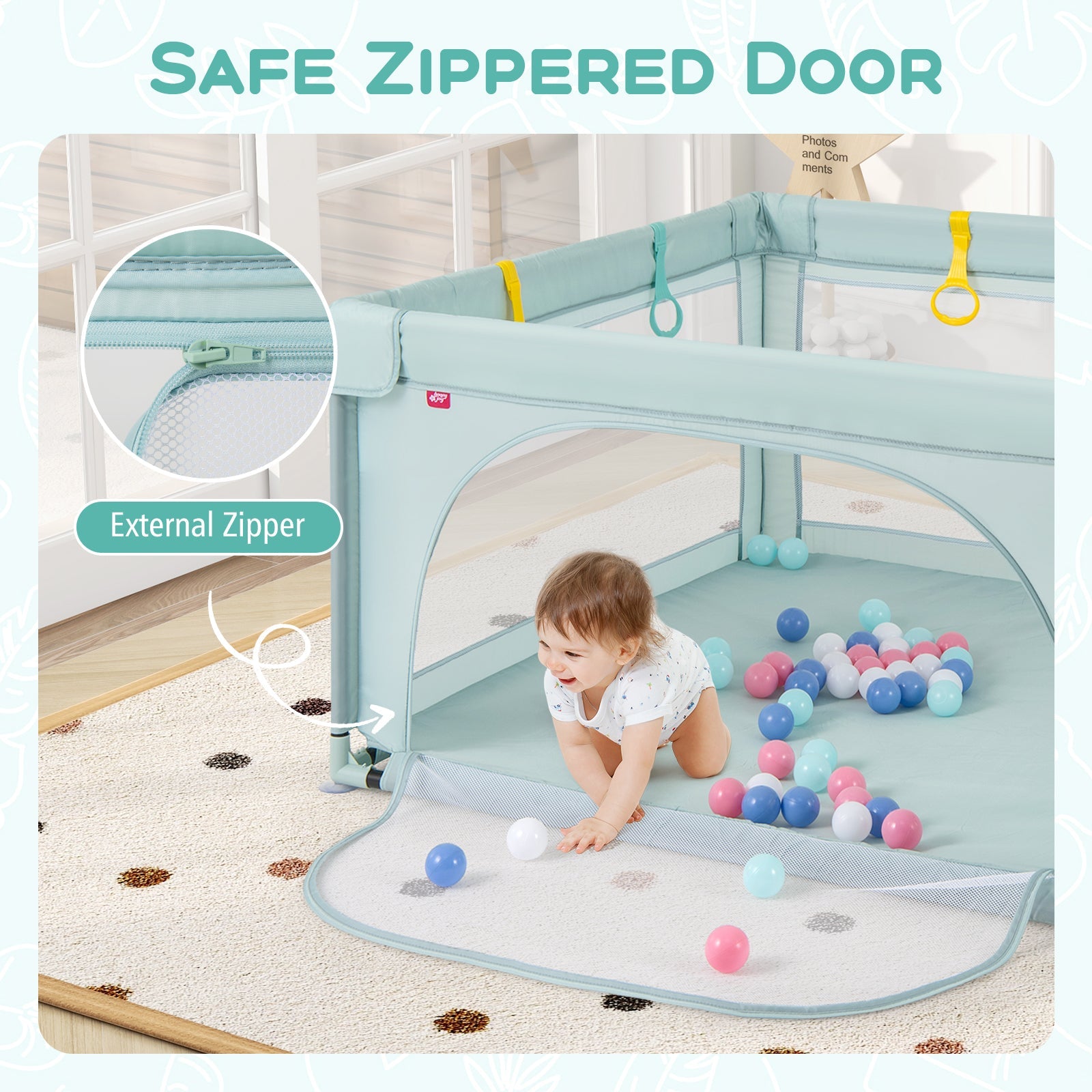 Large Kids Activity Center Baby Playpen for Toddlers with 4 Pull Rings-Blue