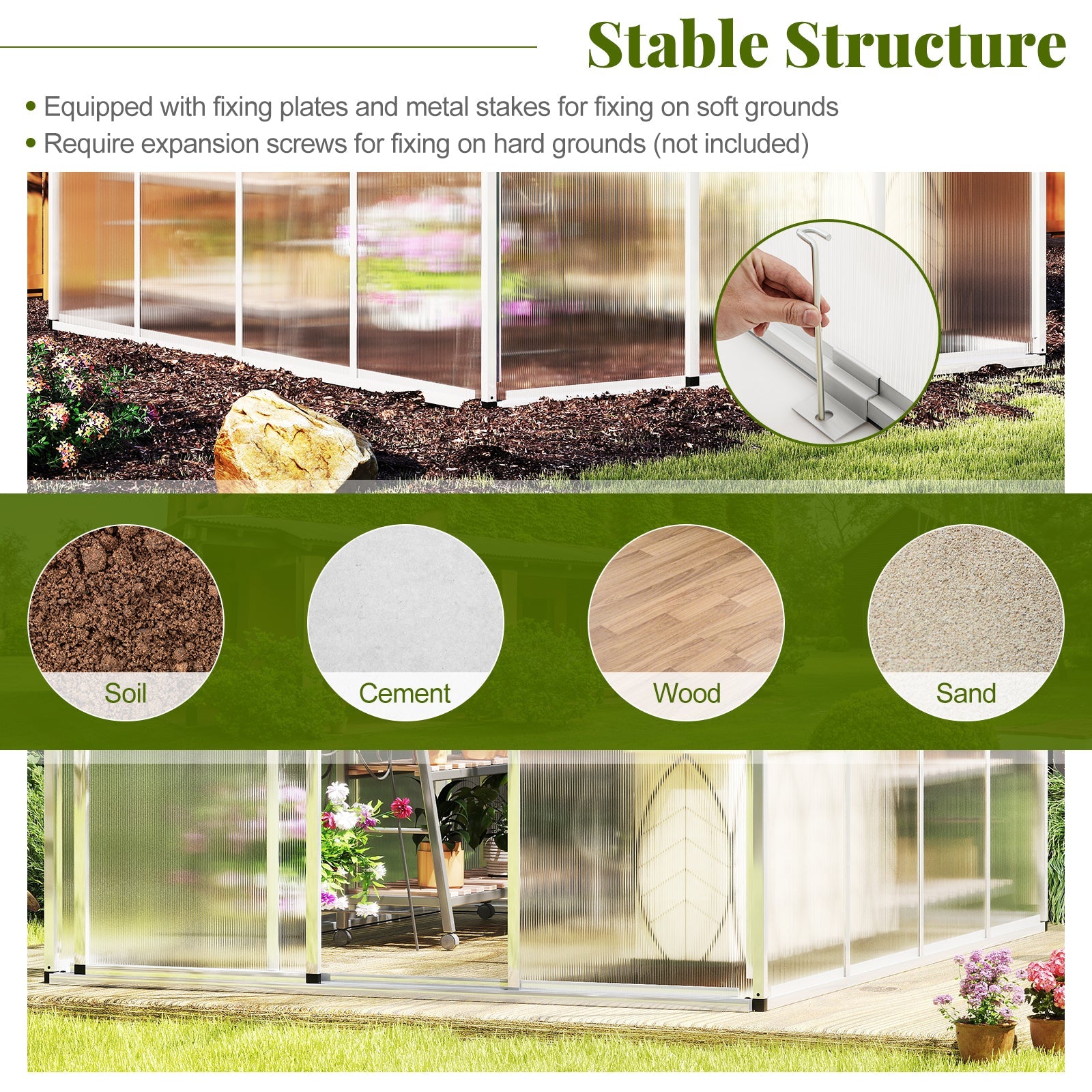 Large Walk-in Green House with Rain Gutters and Polycarbonate Panels-8 FT