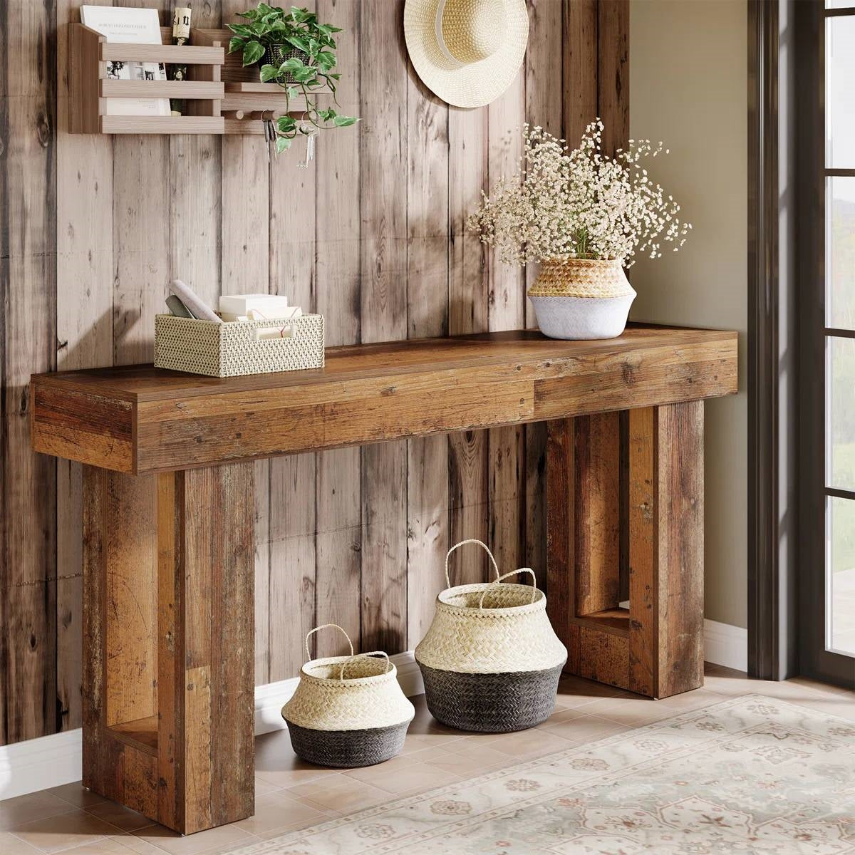 Farmhouse Entryway Console Sofa Table in Distressed Wood Finish