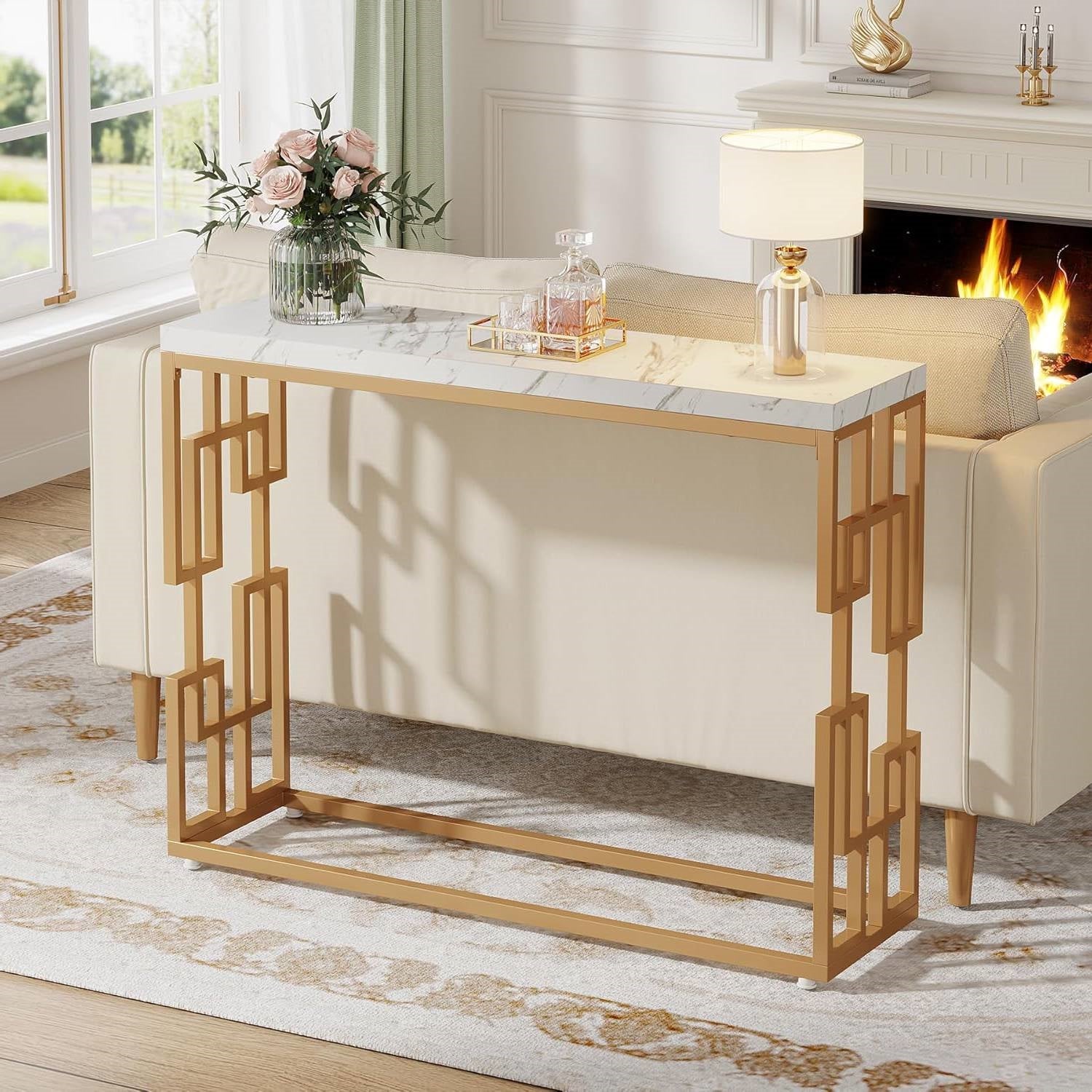 Console Sofa Table with White Faux Marble Top