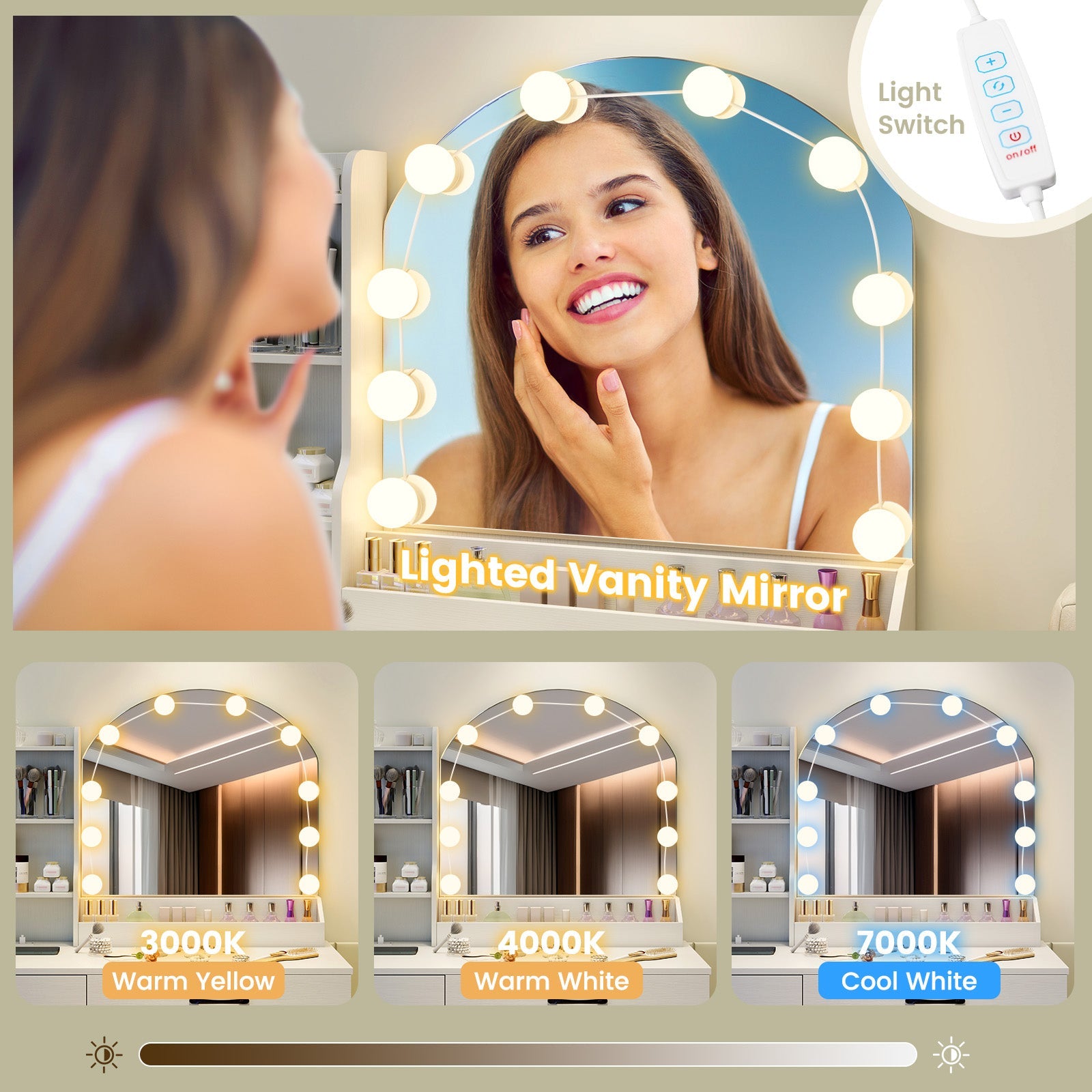Makeup Vanity Desk Dressing Table and Stool Set with Mirror and Lights-White