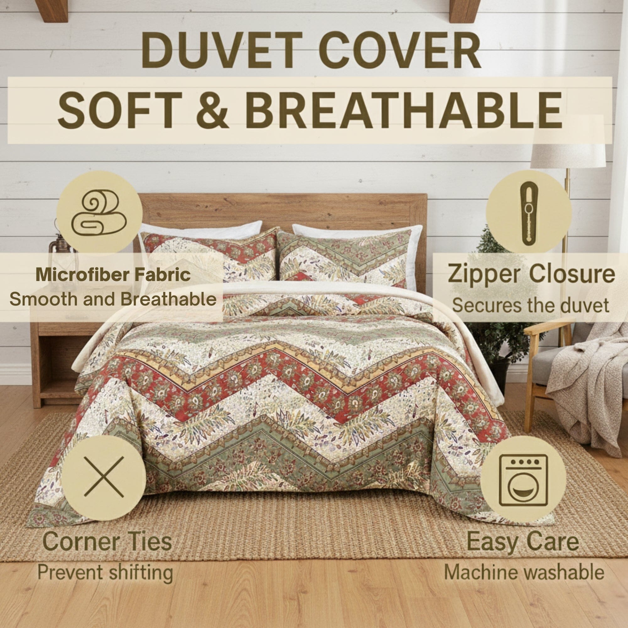 Cranberry Sage Chevron Floral Duvet Cover Set w/ Pillow Cases