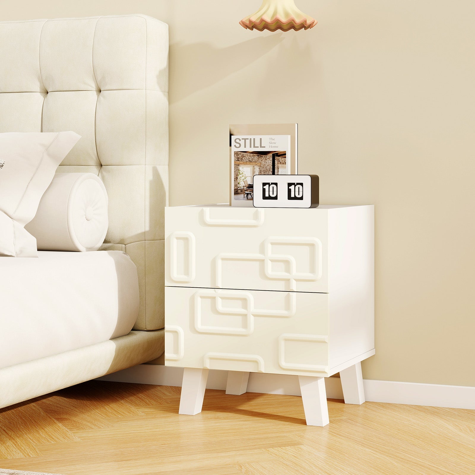 Modern Nightstand Side Table with Drawers -White