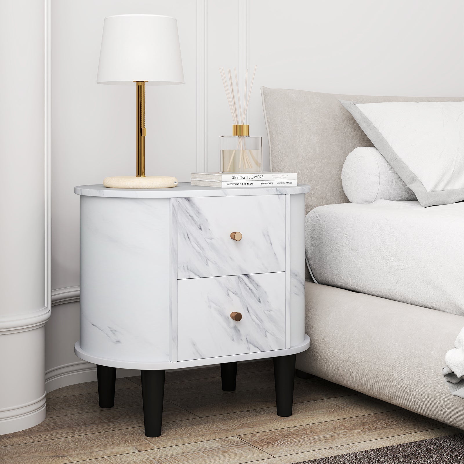 2-Drawer Nightstand Modern Faux Marble Bedside Table with Storage-White