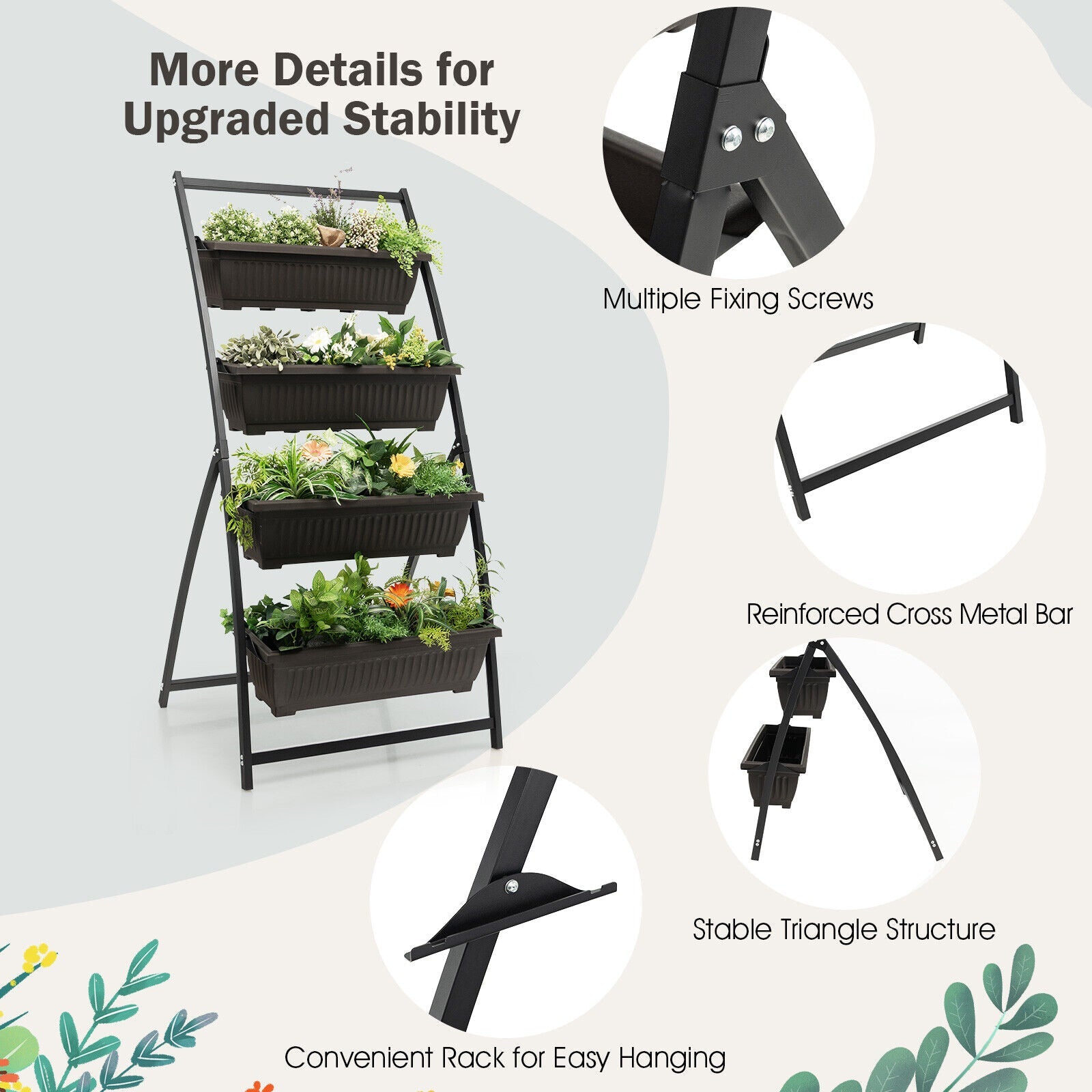 4-Tier Vertical Raised Garden Bed with 4 Containers & Drainage Holes-M