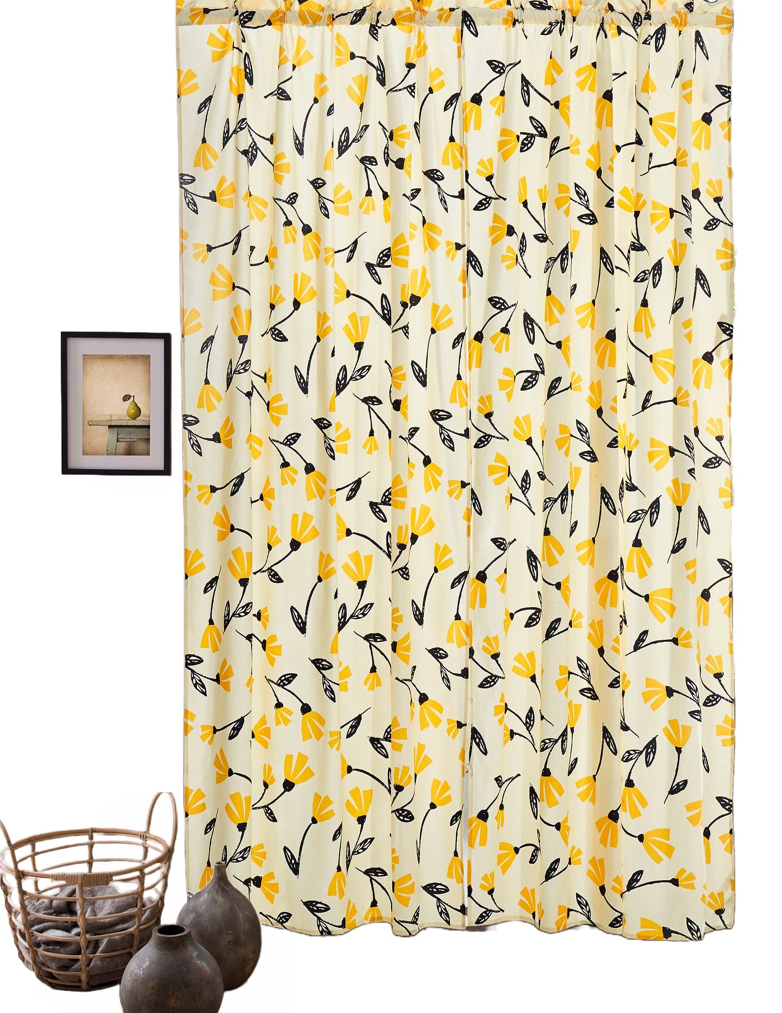 Set of 2 Botanical Floral Window Curtain Panels - Natural Semi Sheer