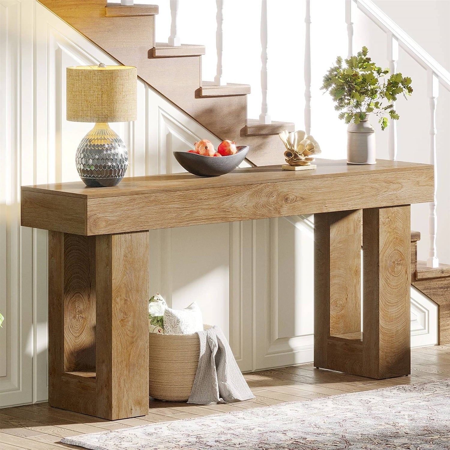 Farmhouse Long Narrow Console Sofa Table in Natural Wood Finish