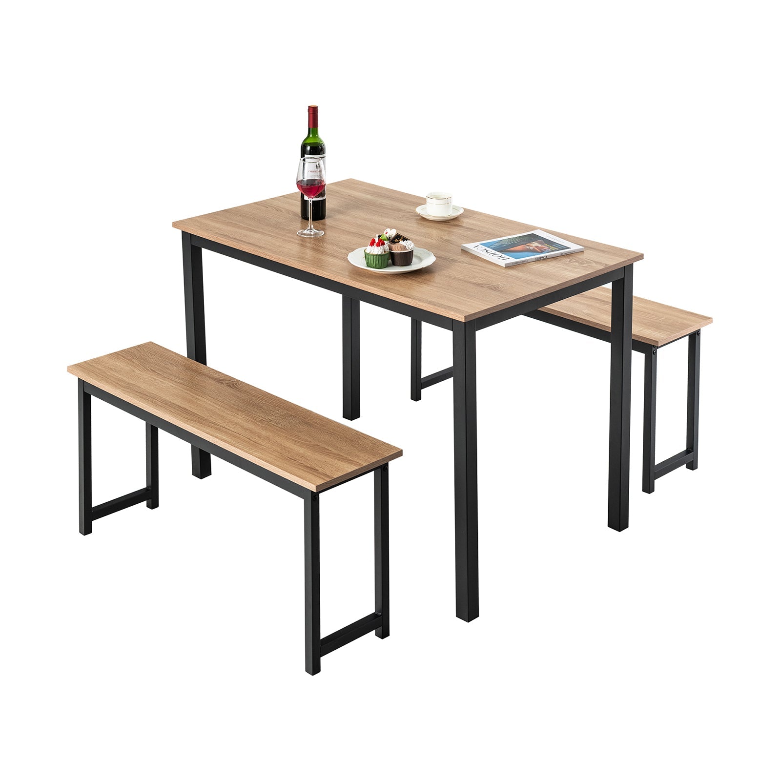 3 Pieces Dining Table Set with 2 Benches for Dining Room Kitchen Bar-Natural by DirectDeals