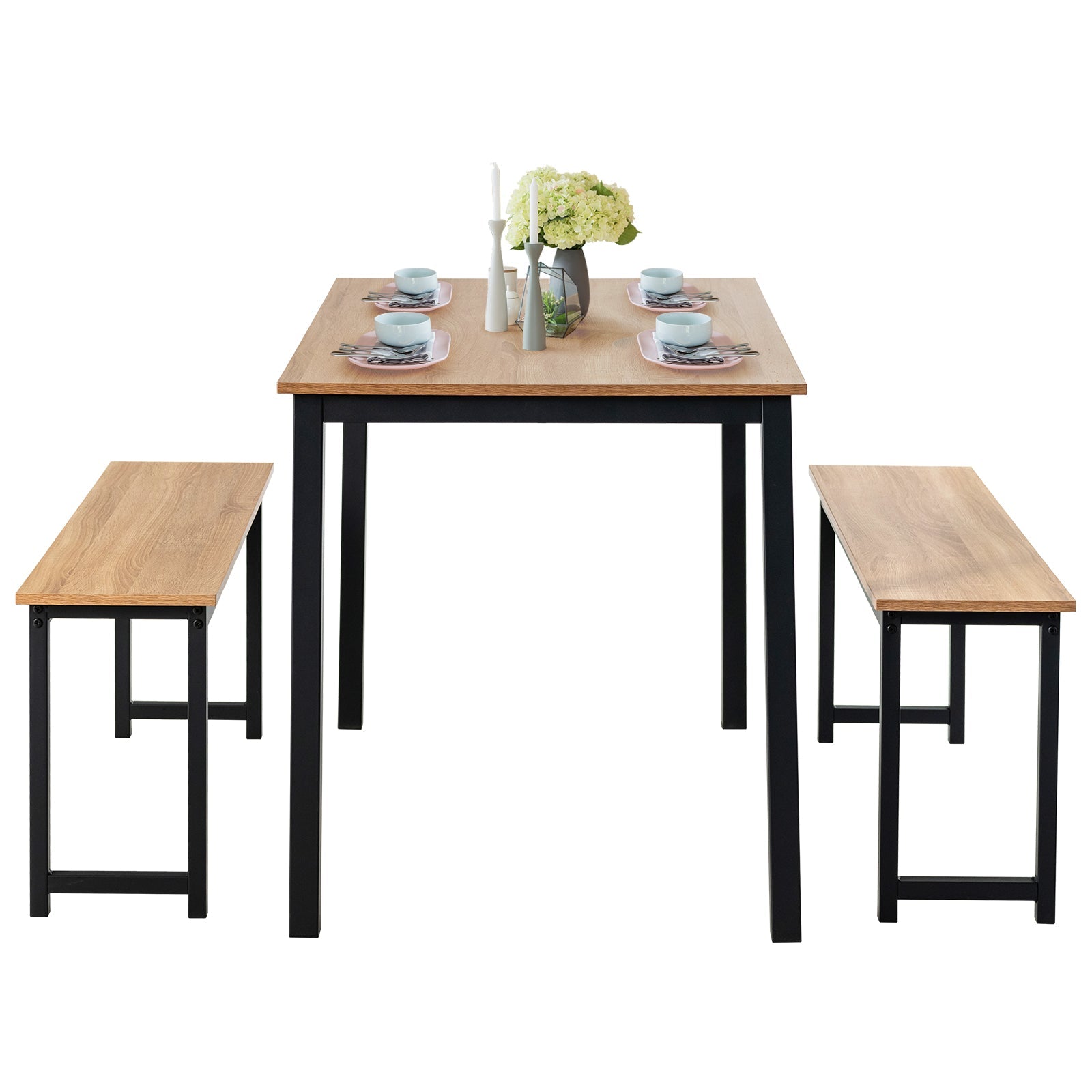 3 Pieces Dining Table Set with 2 Benches for Dining Room Kitchen Bar-Natural by DirectDeals