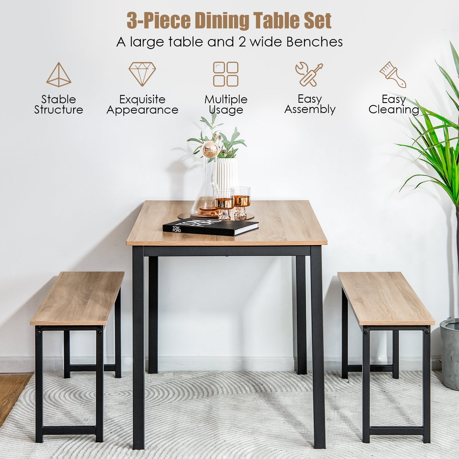 3 Pieces Dining Table Set with 2 Benches for Dining Room Kitchen Bar-Natural by DirectDeals