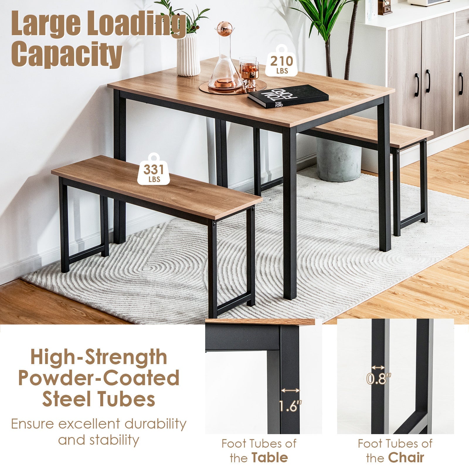 3 Pieces Dining Table Set with 2 Benches for Dining Room Kitchen Bar-Natural by DirectDeals