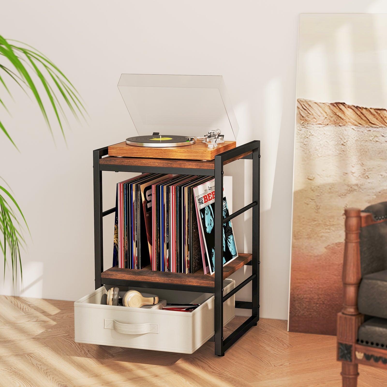 Nightstand Industrial Bedside Table with Open Storage Shelf - Rustic Brown