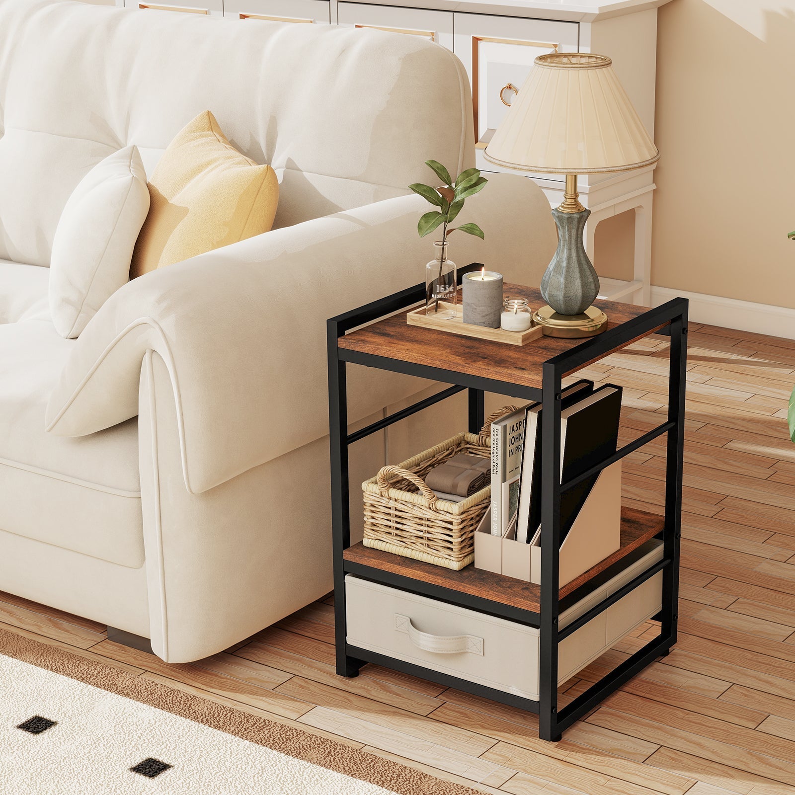 Nightstand Industrial Bedside Table with Open Storage Shelf - Rustic Brown