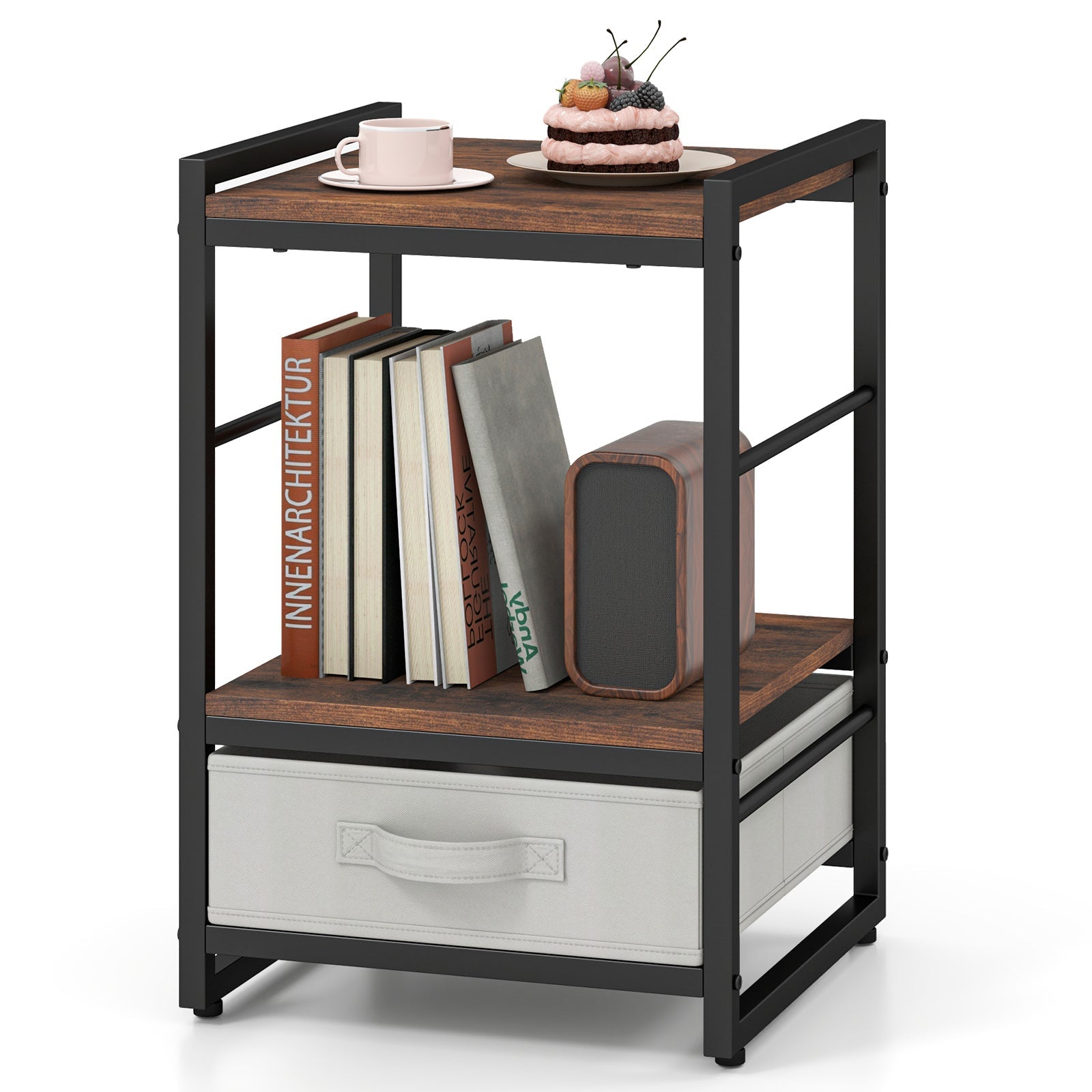 Nightstand Industrial Bedside Table with Open Storage Shelf - Rustic Brown