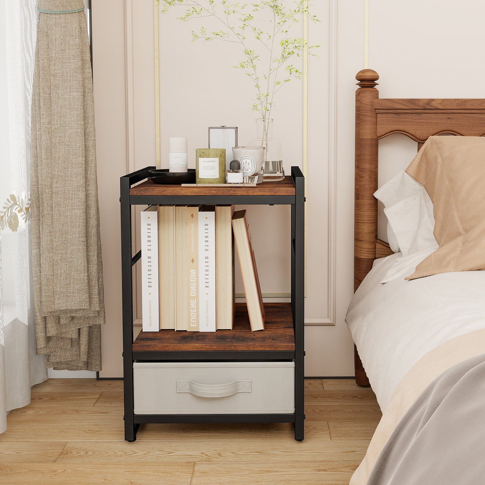 Nightstand Industrial Bedside Table with Open Storage Shelf - Rustic Brown