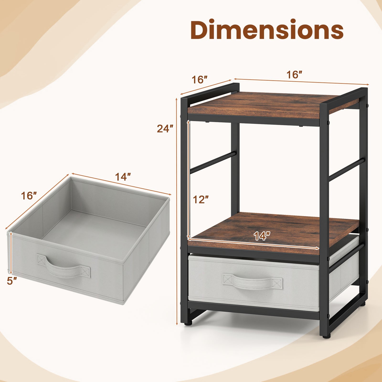 Nightstand Industrial Bedside Table with Open Storage Shelf - Rustic Brown