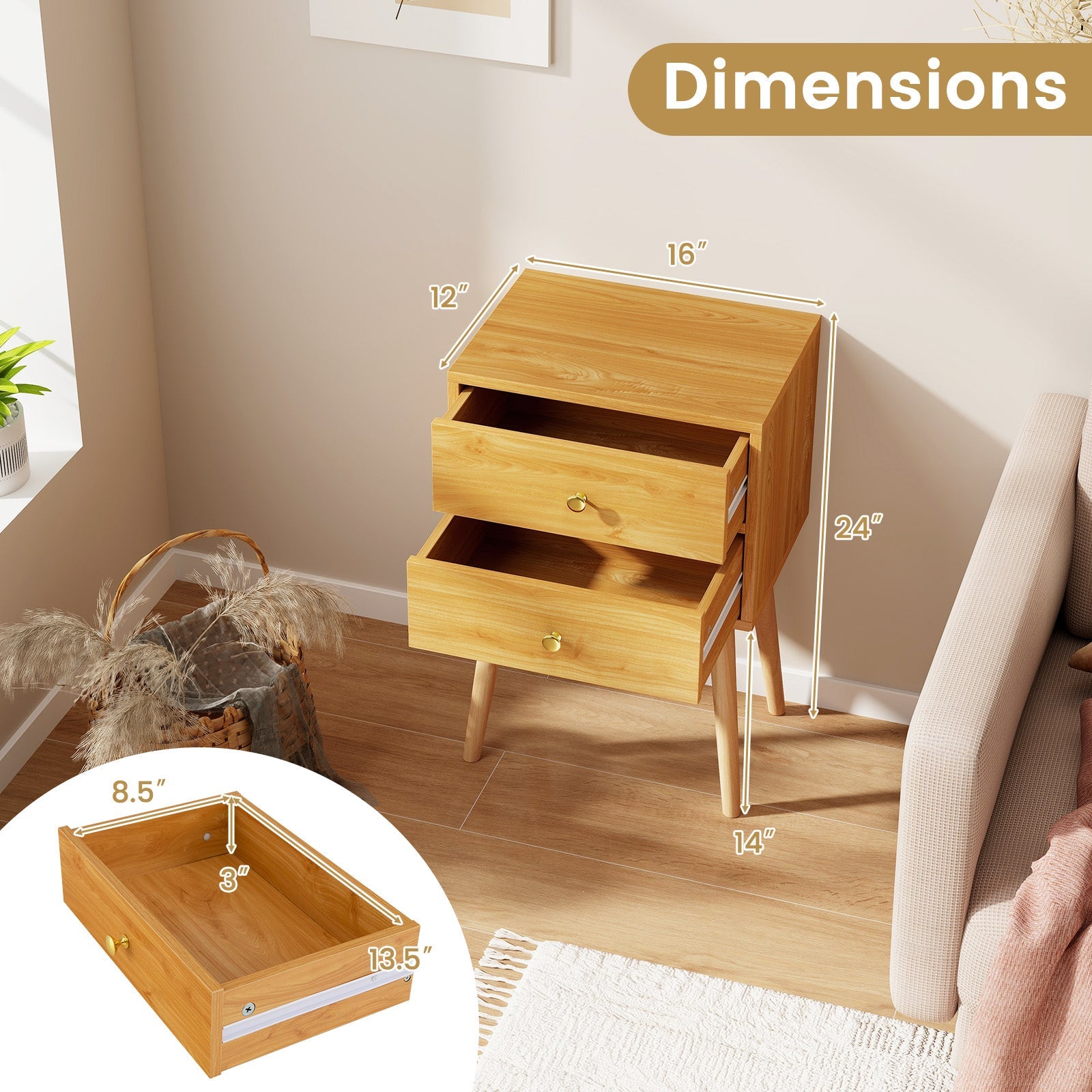 Modern Nightstand Bedside Table Mid Century with 2 Drawers-Natural