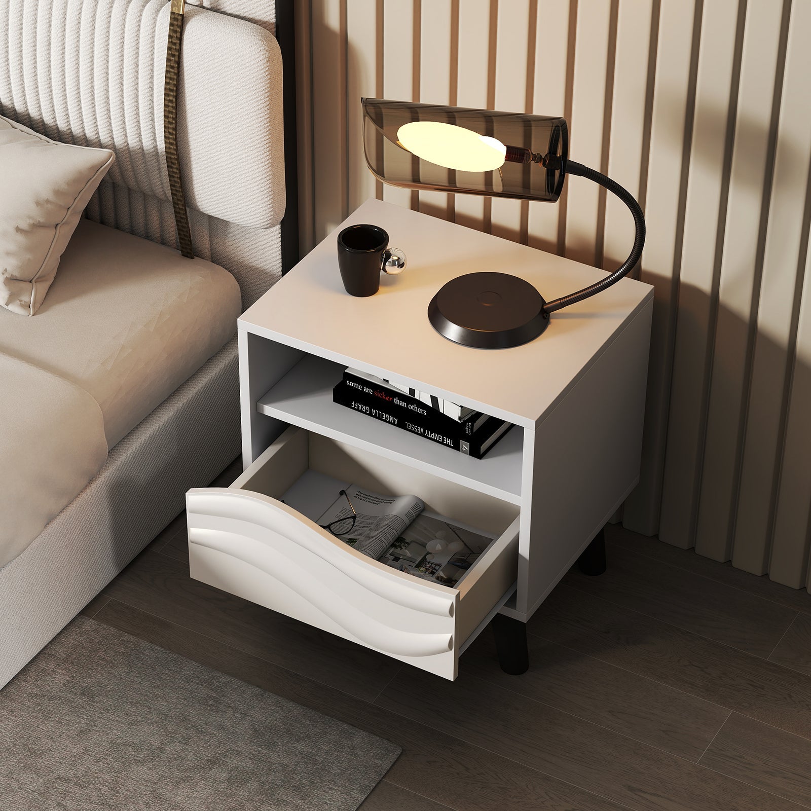Nightstand Mid Century Modern Bedside Table with Open Shelf-White