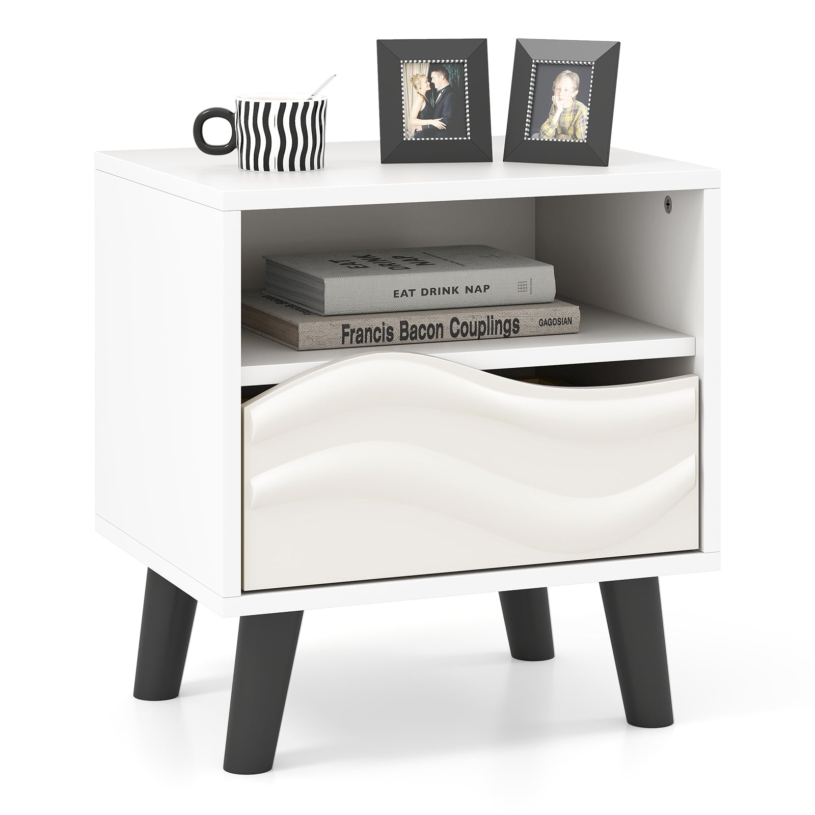 Nightstand Mid Century Modern Bedside Table with Open Shelf-White