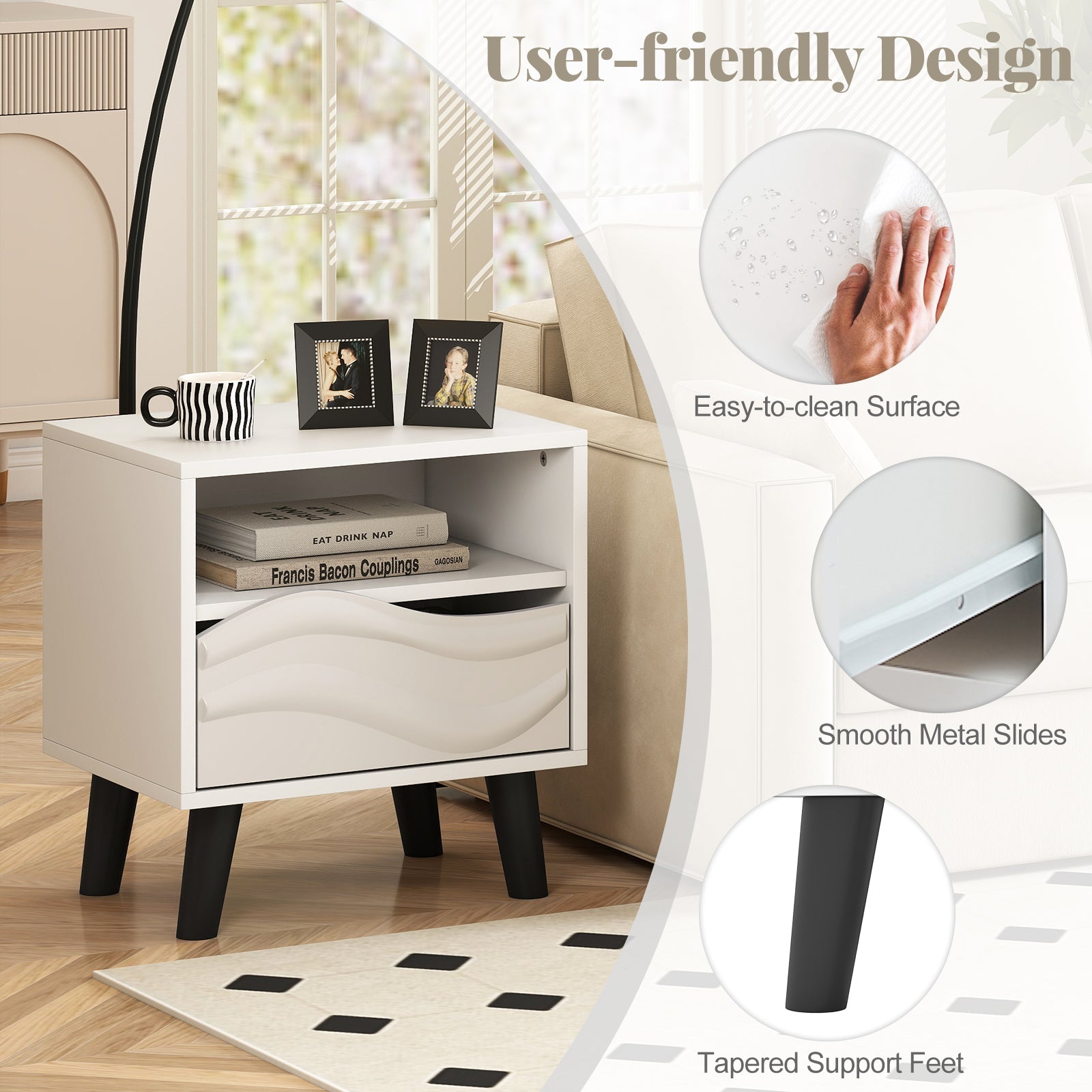 Nightstand Mid Century Modern Bedside Table with Open Shelf-White
