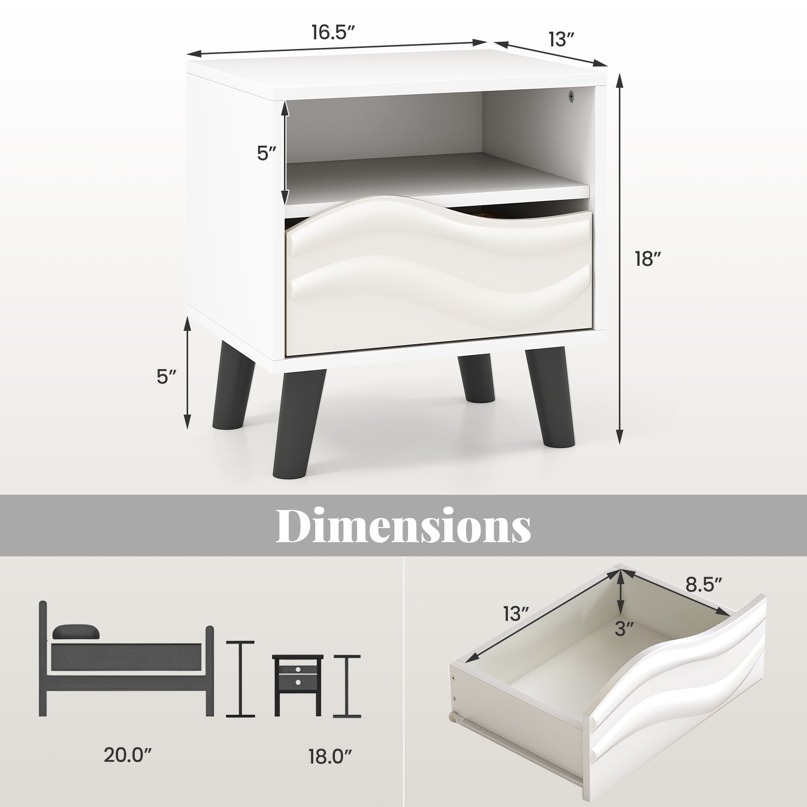 Nightstand Mid Century Modern Bedside Table with Open Shelf-White