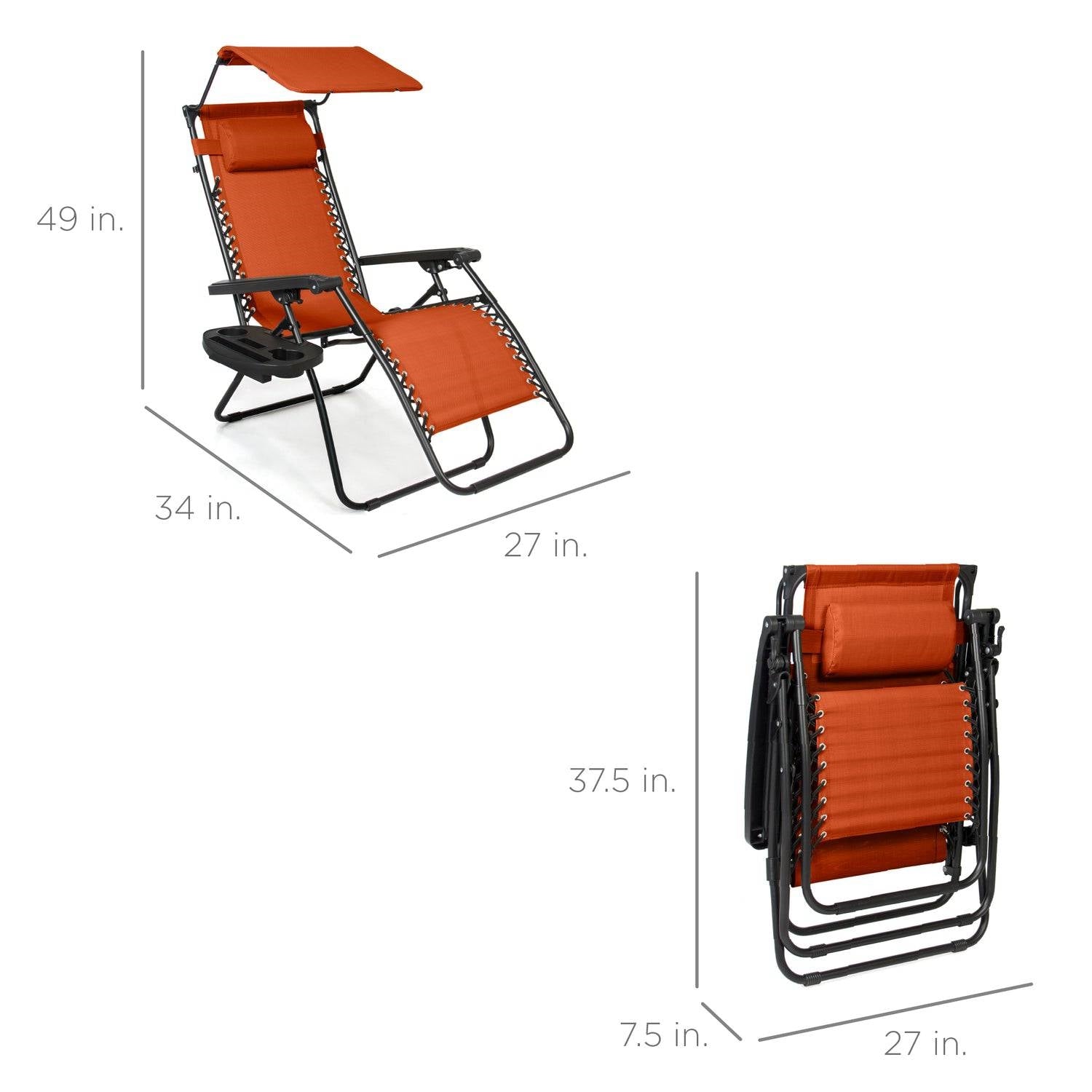 Orange, Zero Gravity, Folding Patio Lounge Chair with Canopy